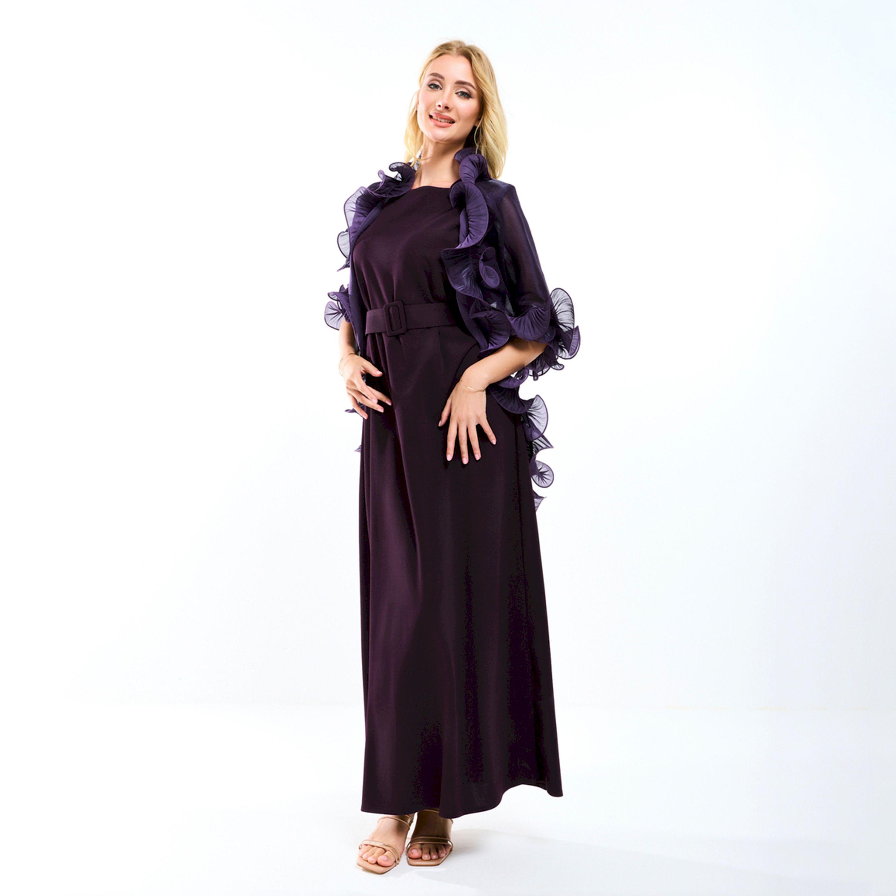فستان طويل بحزام خصر مع جاكيت شراج بكشكش هاوس أوف مودا × ستايلي-women-clothing-dresses-image-11