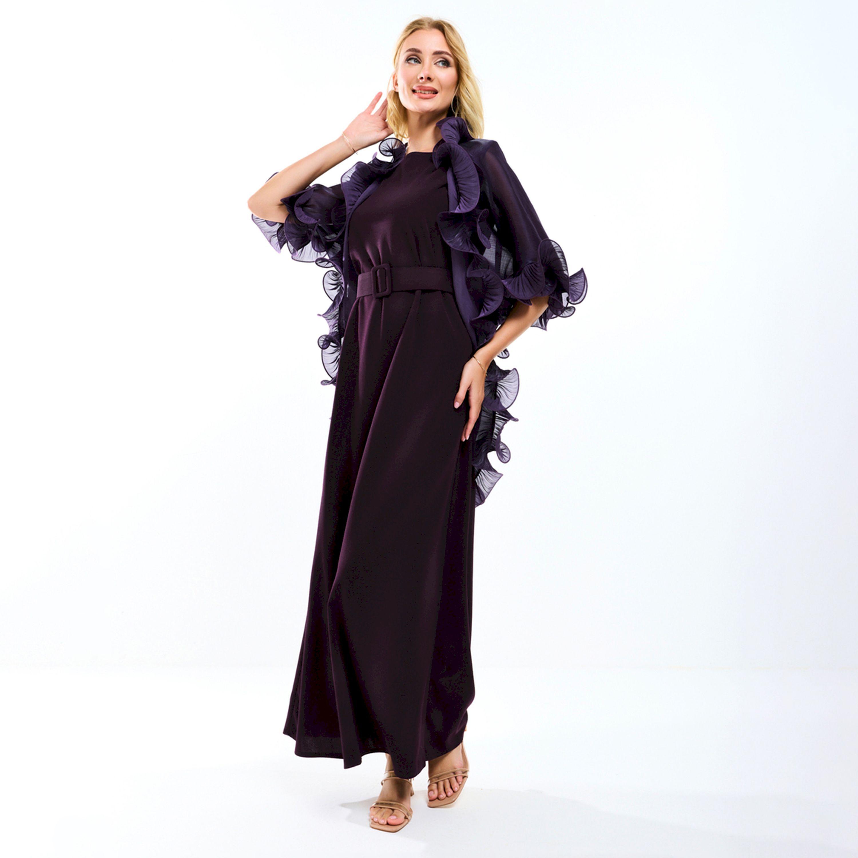 فستان طويل بحزام خصر مع جاكيت شراج بكشكش هاوس أوف مودا × ستايلي-women-clothing-dresses-image-12