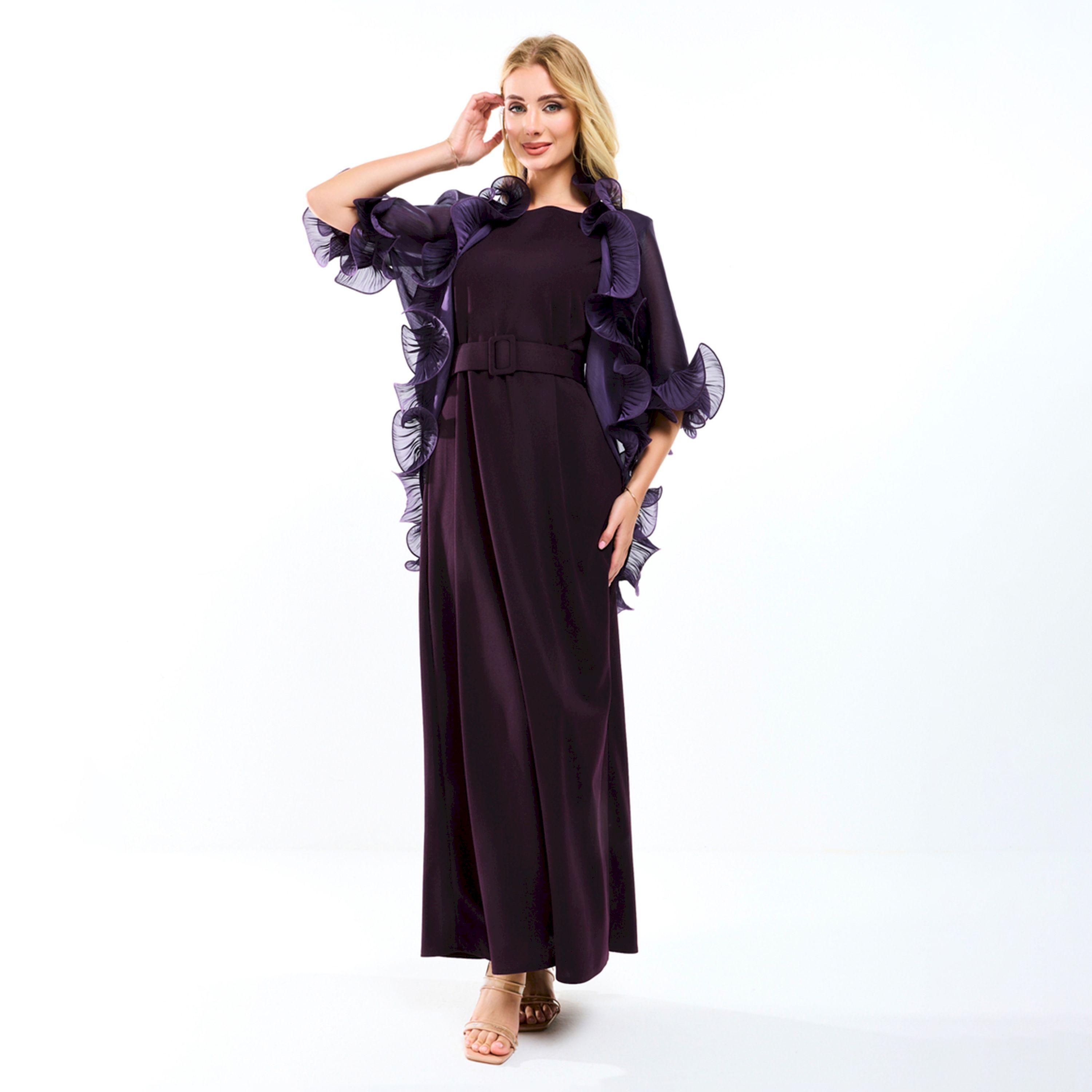 House of Moda X Styli  Plain Belted Maxi Dress with Detachable Ruffle Shrug-women-clothing-dresses-image-13