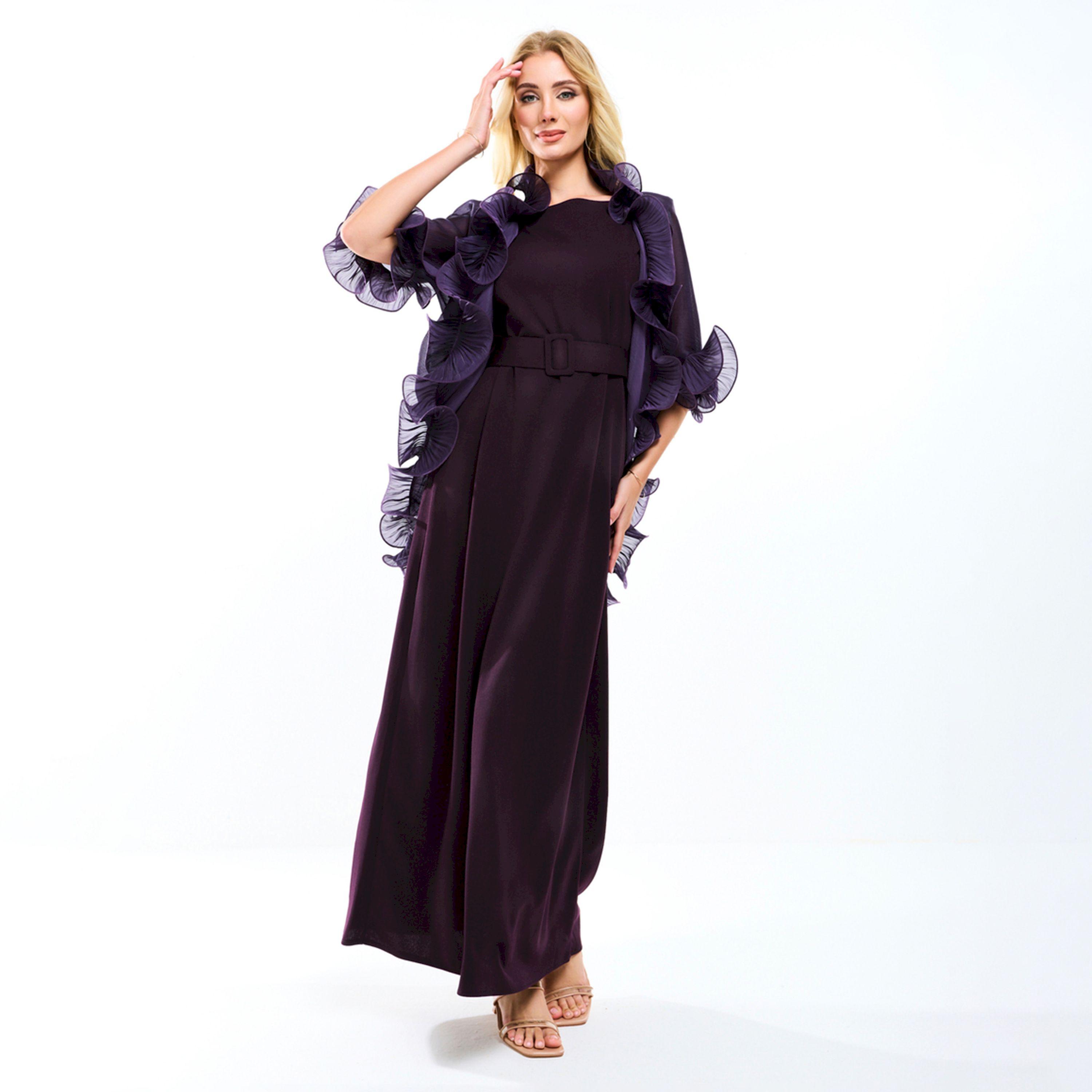 فستان طويل بحزام خصر مع جاكيت شراج بكشكش هاوس أوف مودا × ستايلي-women-clothing-dresses-image-14