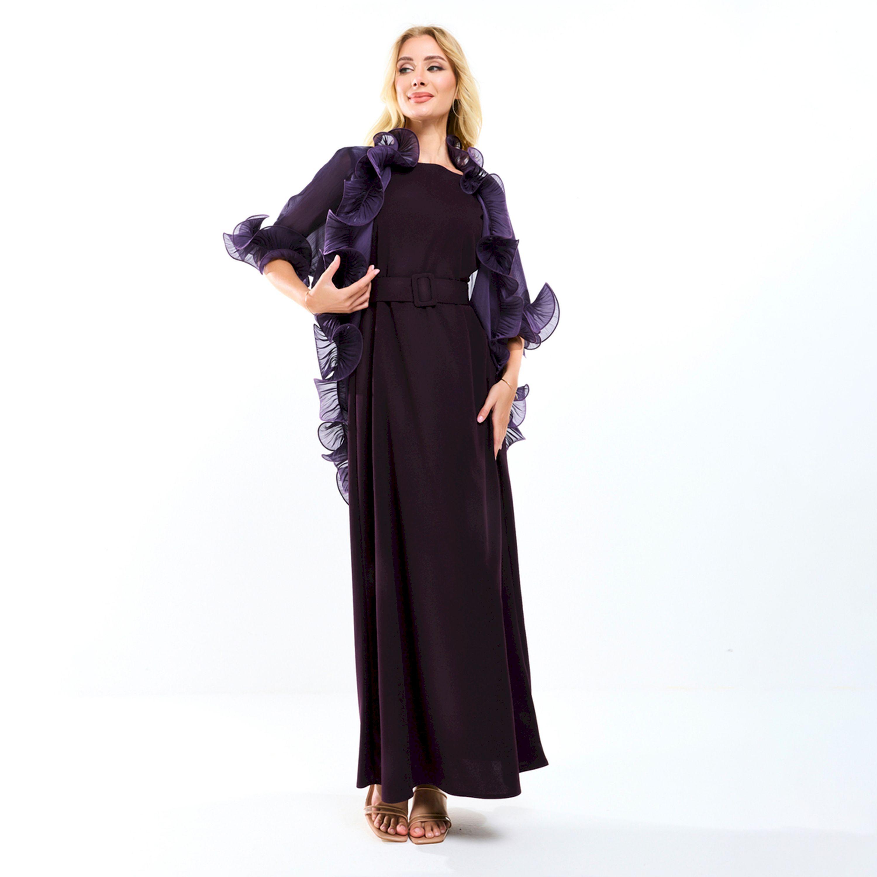 House of Moda X Styli  Plain Belted Maxi Dress with Detachable Ruffle Shrug-women-clothing-dresses-image-15