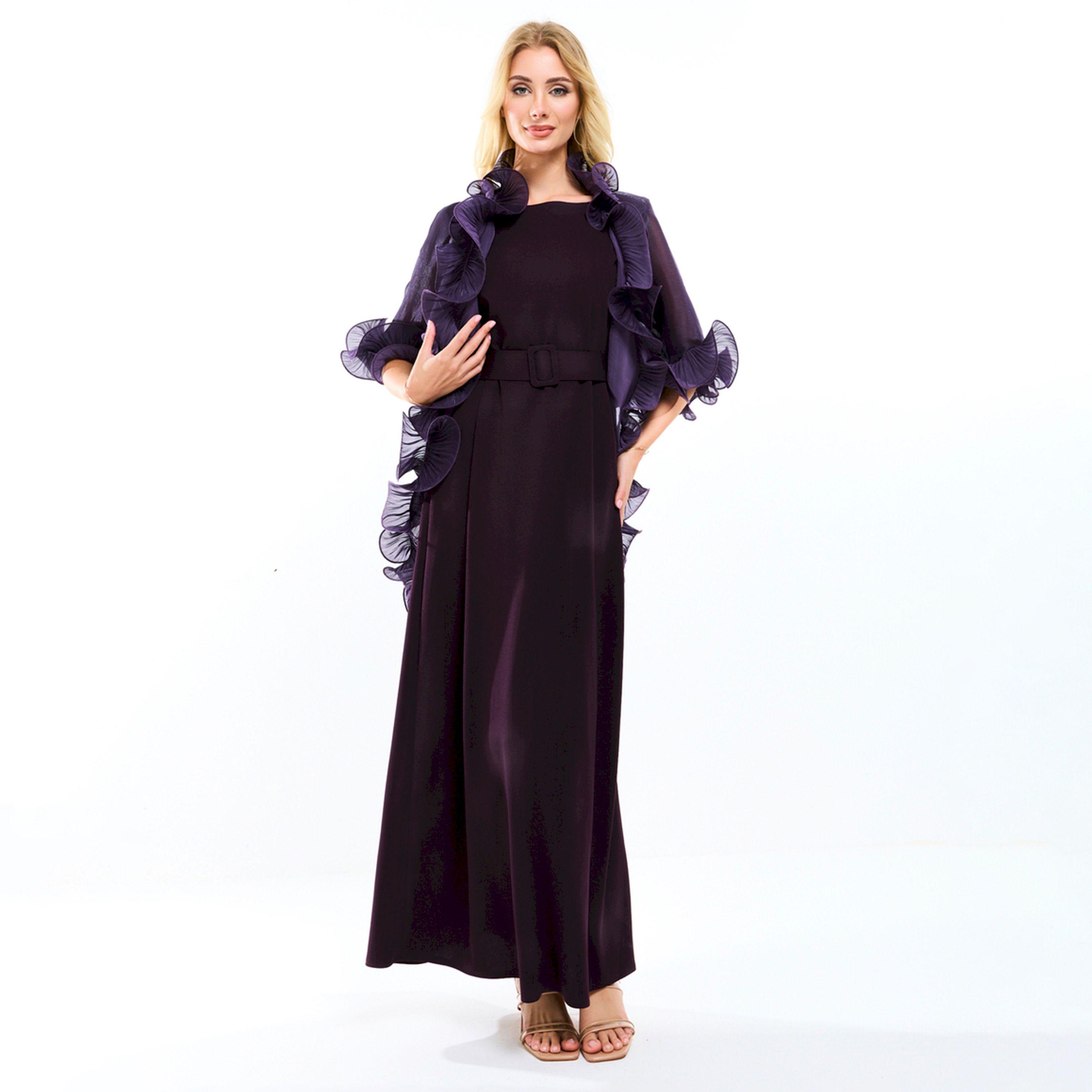 فستان طويل بحزام خصر مع جاكيت شراج بكشكش هاوس أوف مودا × ستايلي-women-clothing-dresses-image-16