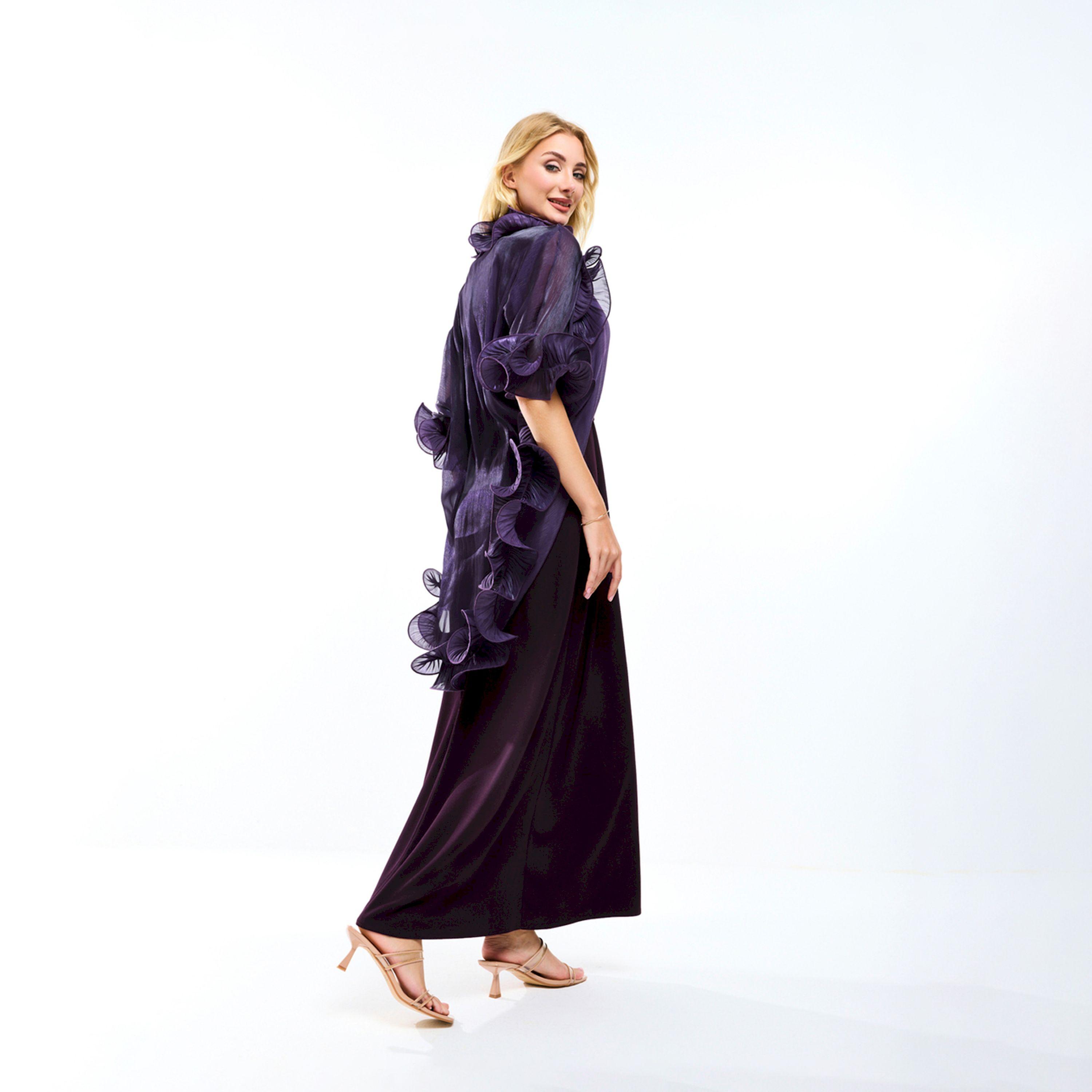 House of Moda X Styli  Plain Belted Maxi Dress with Detachable Ruffle Shrug-women-clothing-dresses-image-2