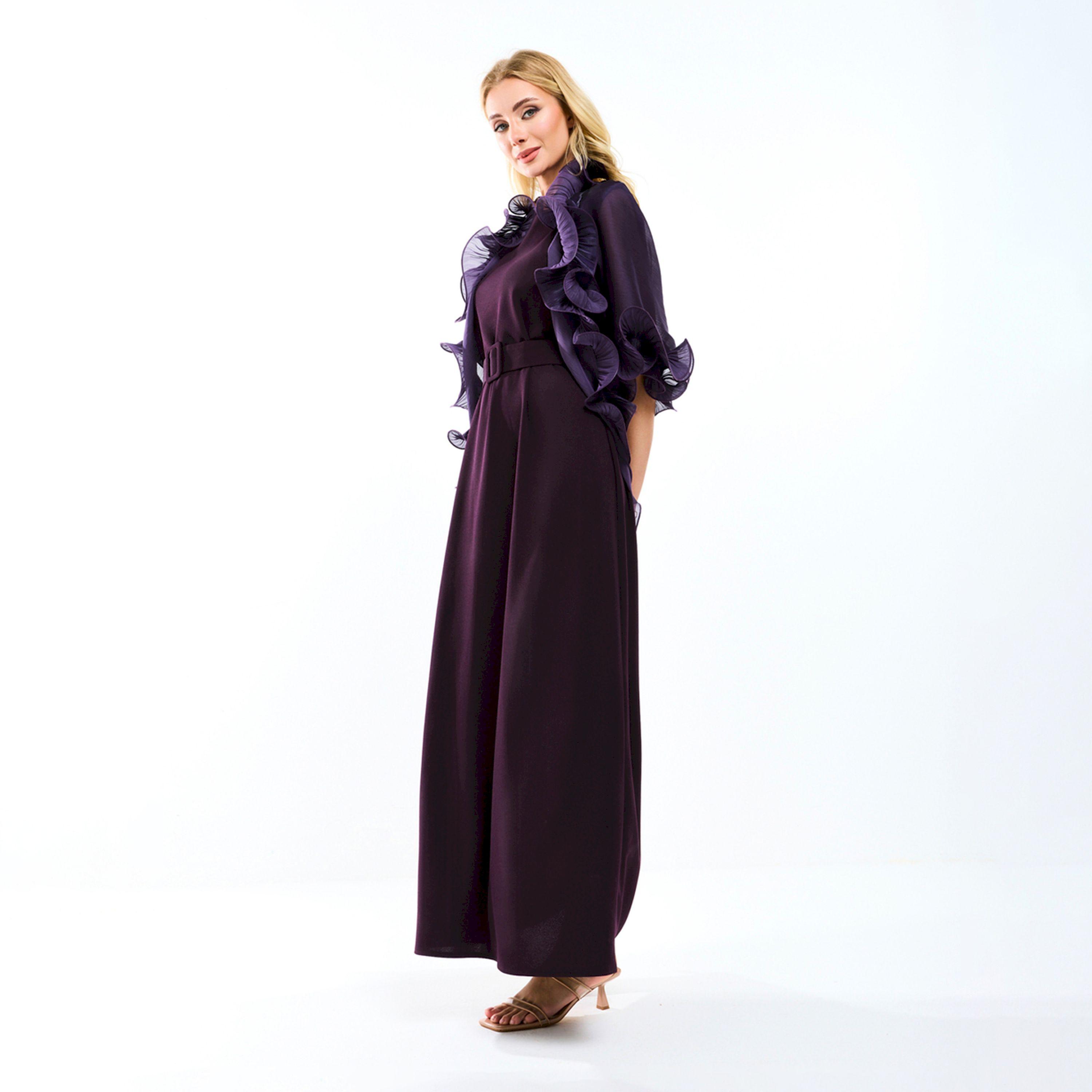 فستان طويل بحزام خصر مع جاكيت شراج بكشكش هاوس أوف مودا × ستايلي-women-clothing-dresses-image-5