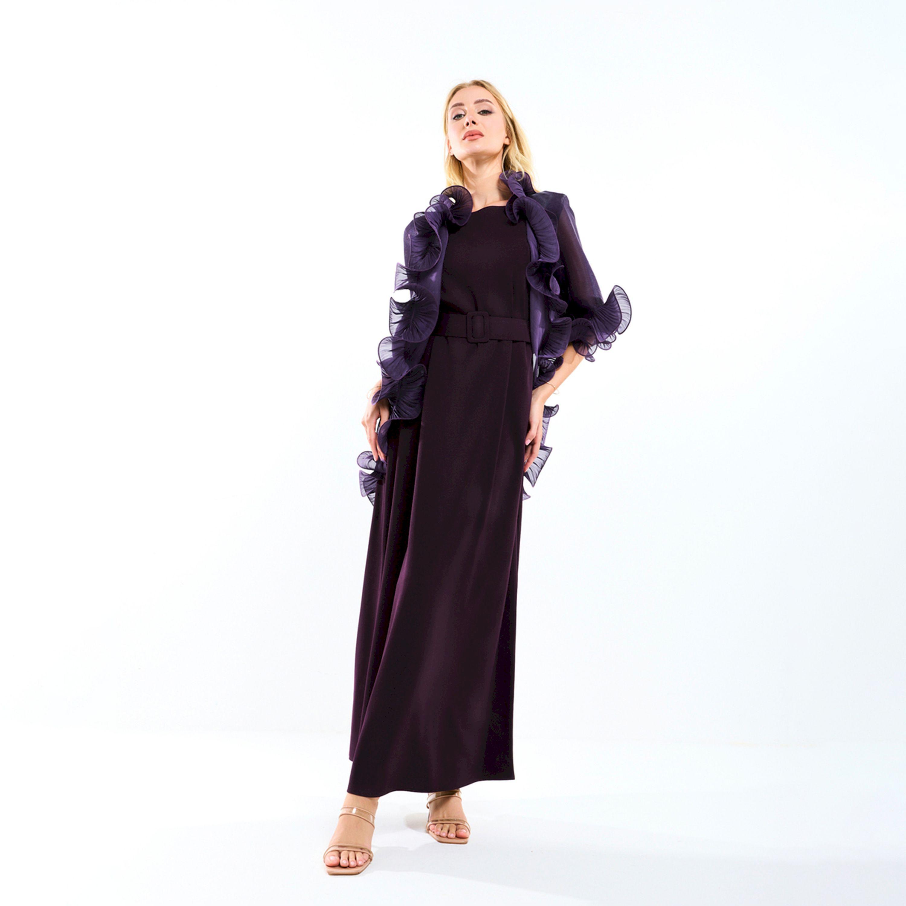 فستان طويل بحزام خصر مع جاكيت شراج بكشكش هاوس أوف مودا × ستايلي-women-clothing-dresses-image-6