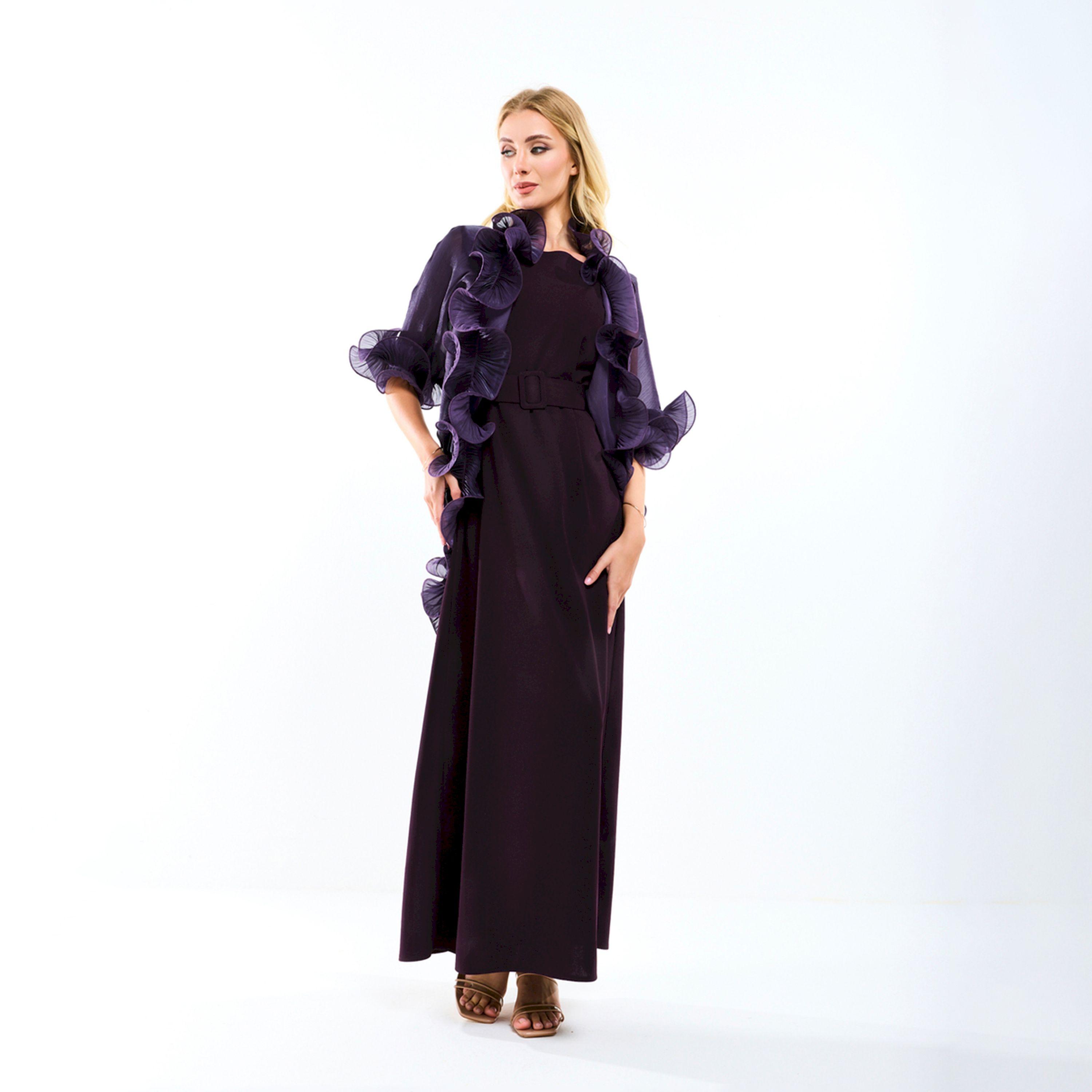 House of Moda X Styli  Plain Belted Maxi Dress with Detachable Ruffle Shrug-women-clothing-dresses-image-7