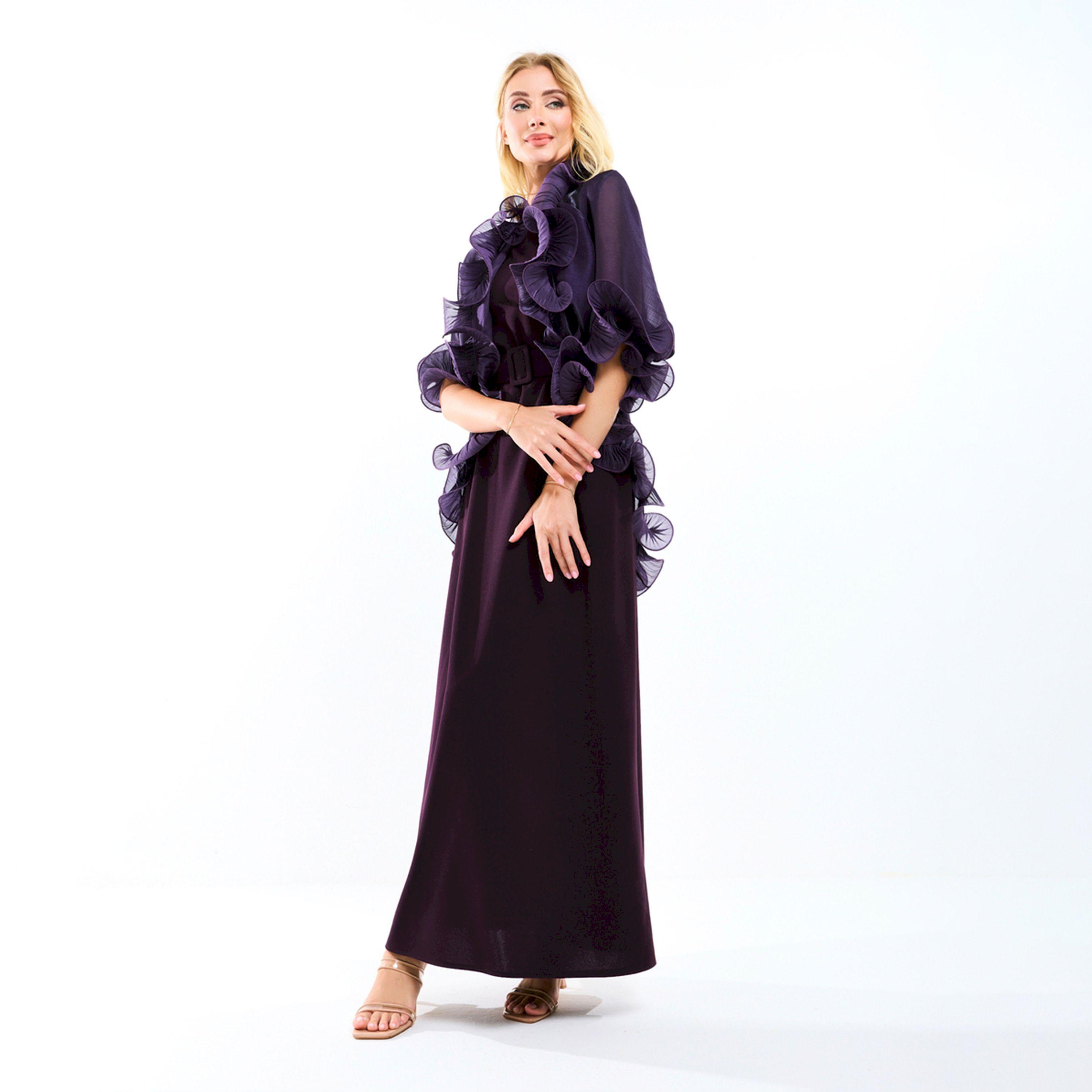 House of Moda X Styli  Plain Belted Maxi Dress with Detachable Ruffle Shrug-women-clothing-dresses-image-9