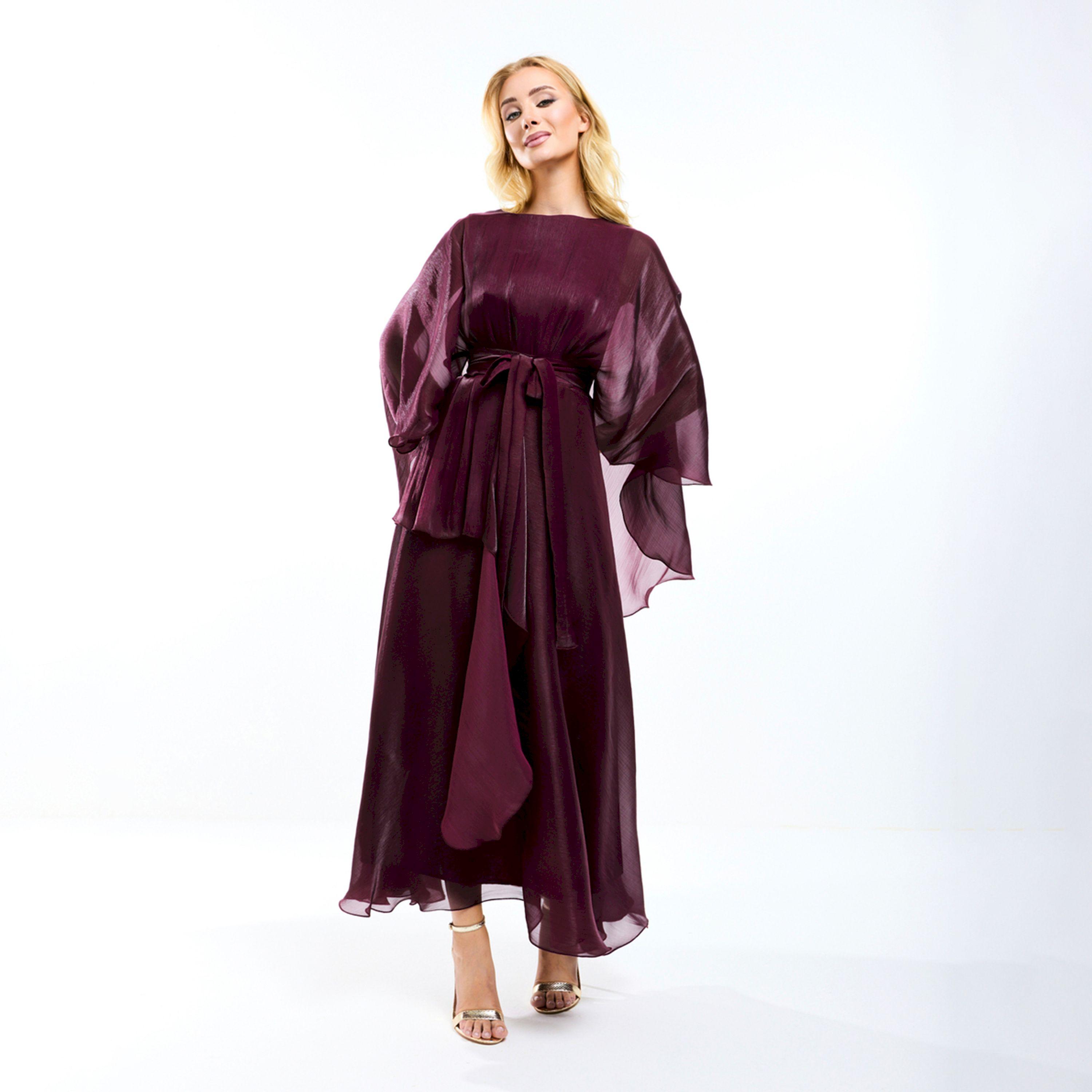 فستان طويل اورجانزا بأكمام كيب وحزام خصر هاوس أوف مودا × ستايلي-women-clothing-dresses-image-12