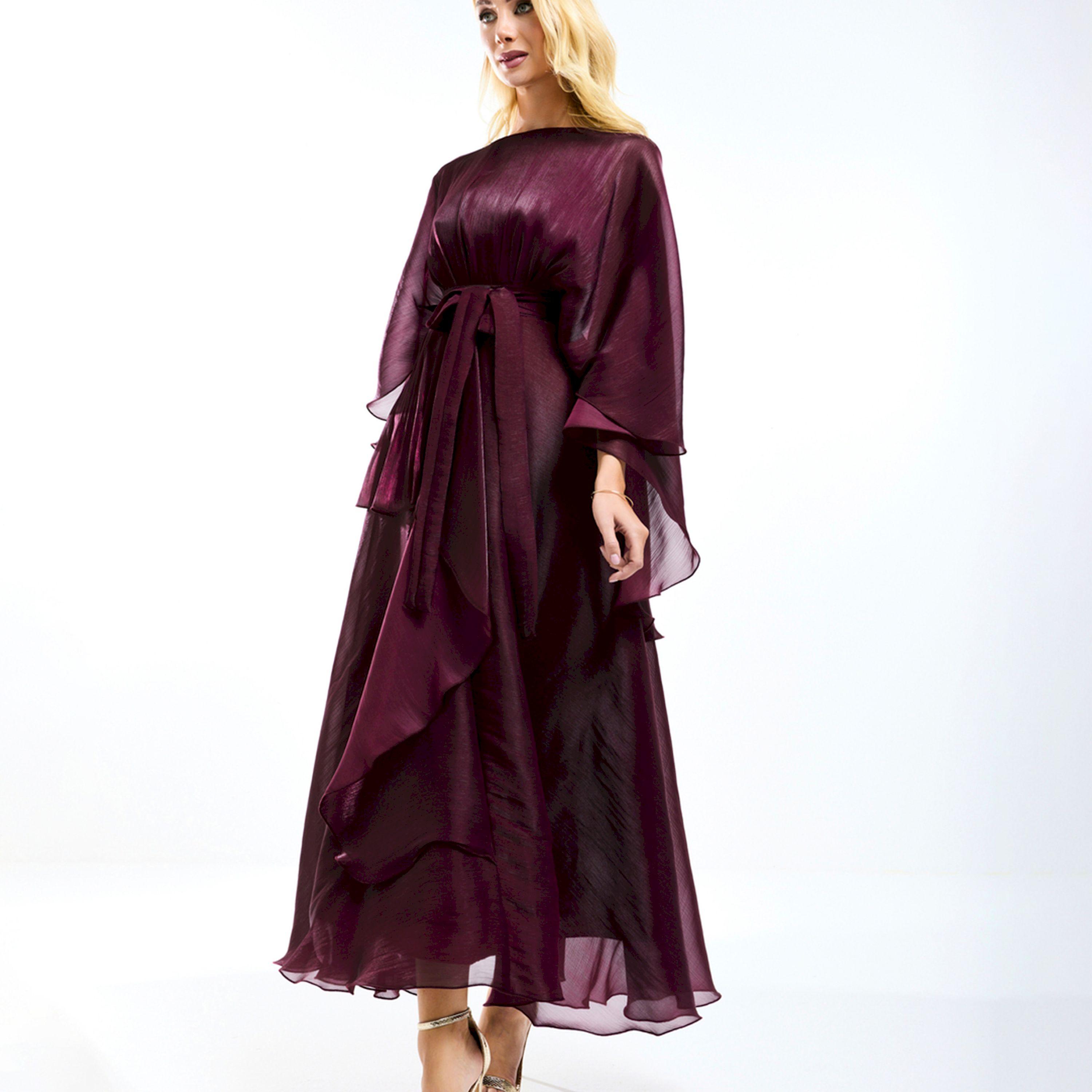 House of Moda X Styli  Glazed Organza Cape Style Maxi Dress with Tie Belt-women-clothing-dresses-image-8