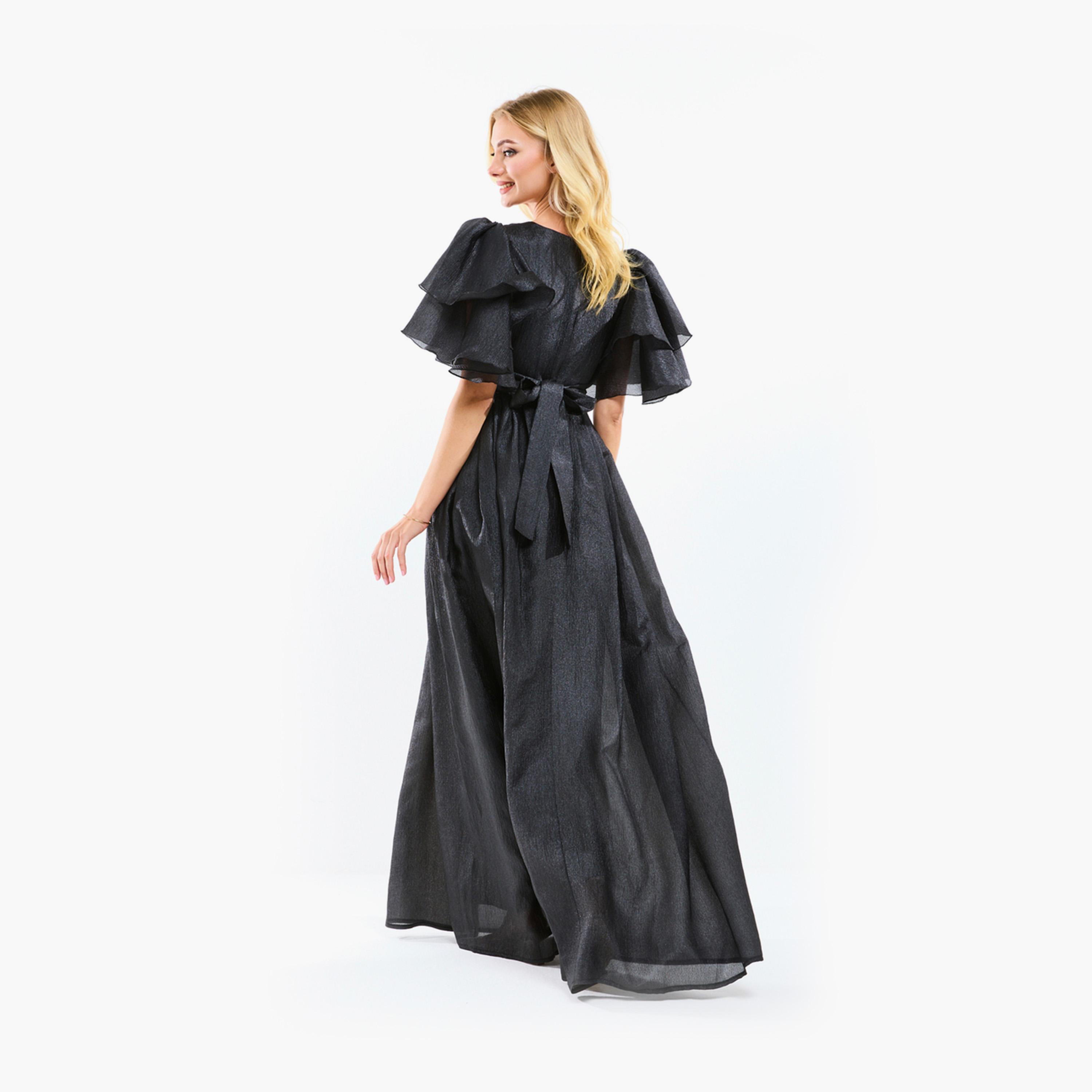 فستان طويل مزين بكسرات وأكمام فلونس هاوس أوف مودا × ستايلي-women-clothing-dresses-image-1