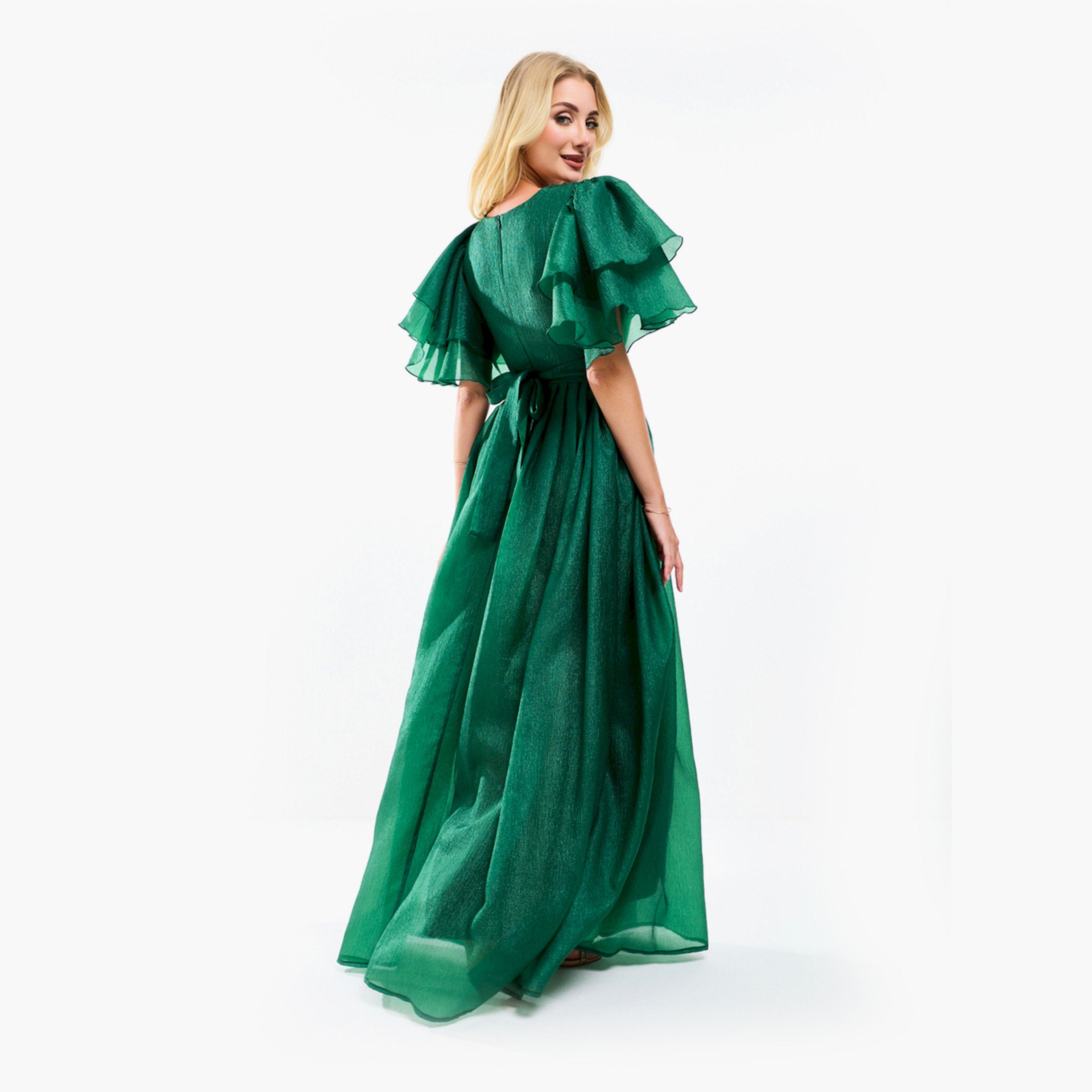 فستان طويل مزين بكسرات وأكمام فلونس هاوس أوف مودا × ستايلي-women-clothing-dresses-image-1