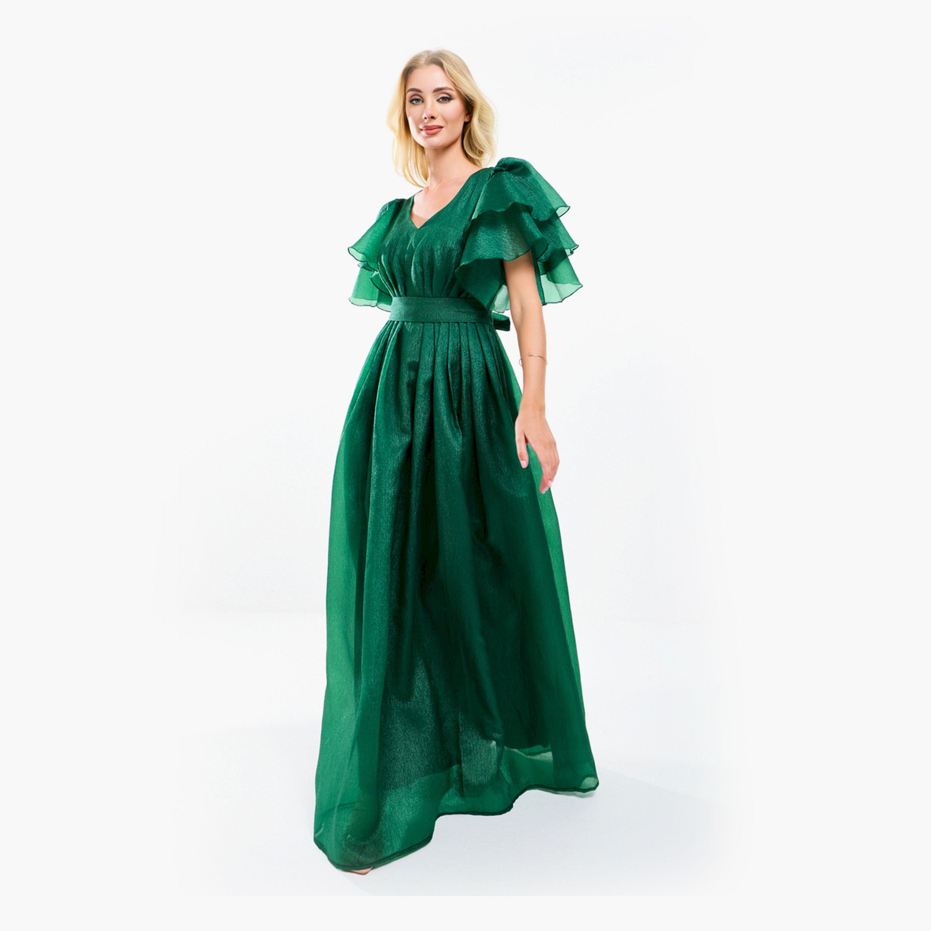 فستان طويل مزين بكسرات وأكمام فلونس هاوس أوف مودا × ستايلي-women-clothing-dresses-image-10