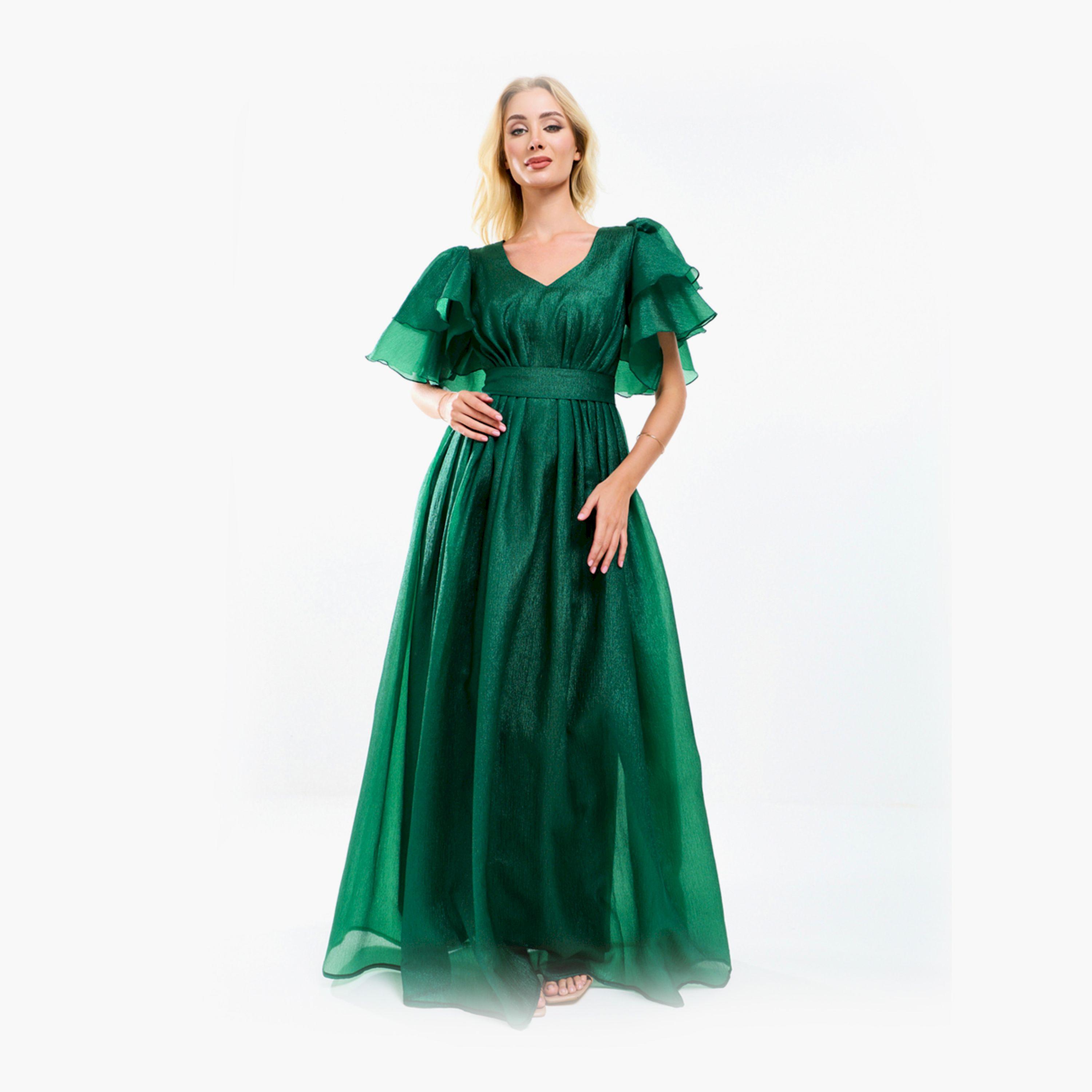 فستان طويل مزين بكسرات وأكمام فلونس هاوس أوف مودا × ستايلي-women-clothing-dresses-image-11