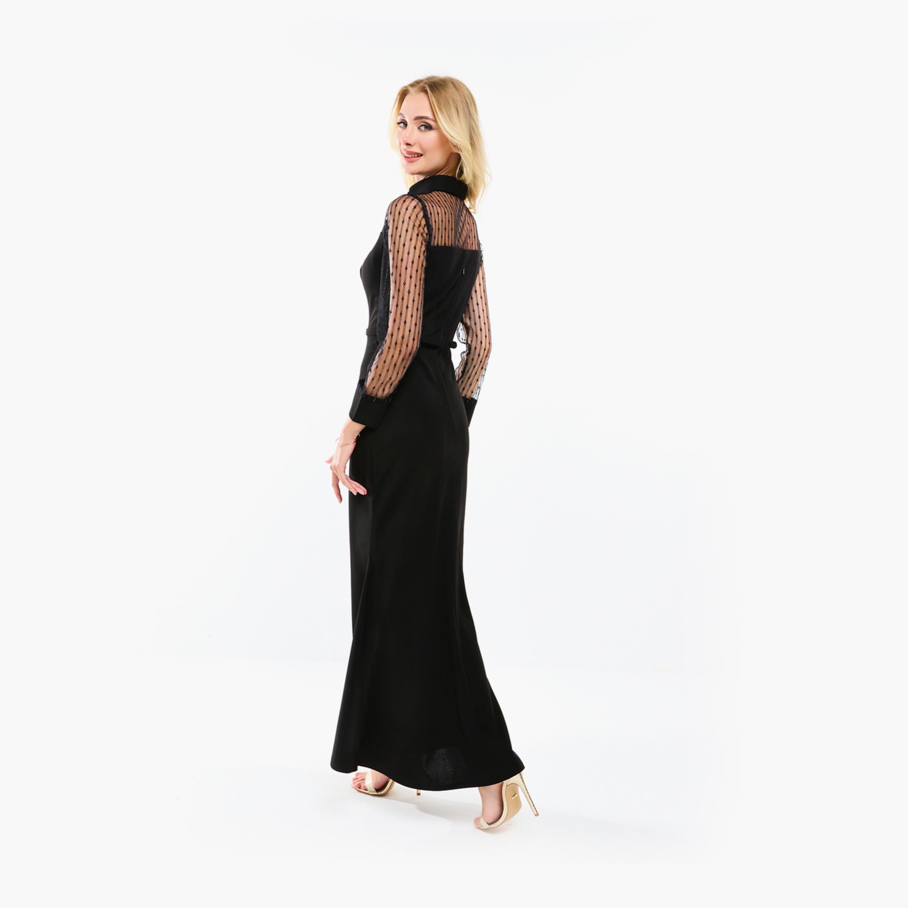 فستان طويل بتفاصيل شبكية وياقة بفتحة هاوس أوف مودا × ستايلي-women-clothing-dresses-image-1