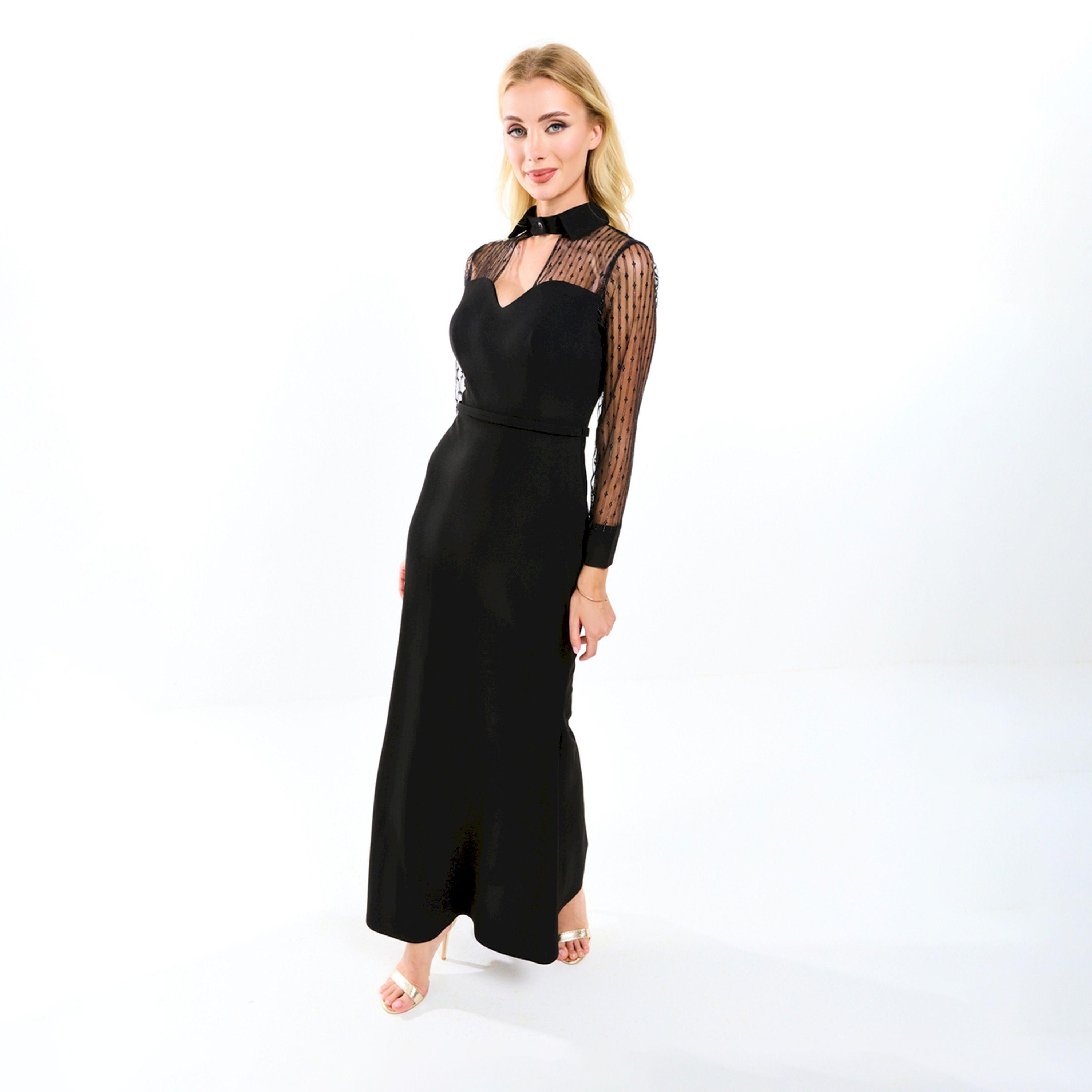فستان طويل بتفاصيل شبكية وياقة بفتحة هاوس أوف مودا × ستايلي-women-clothing-dresses-image-5