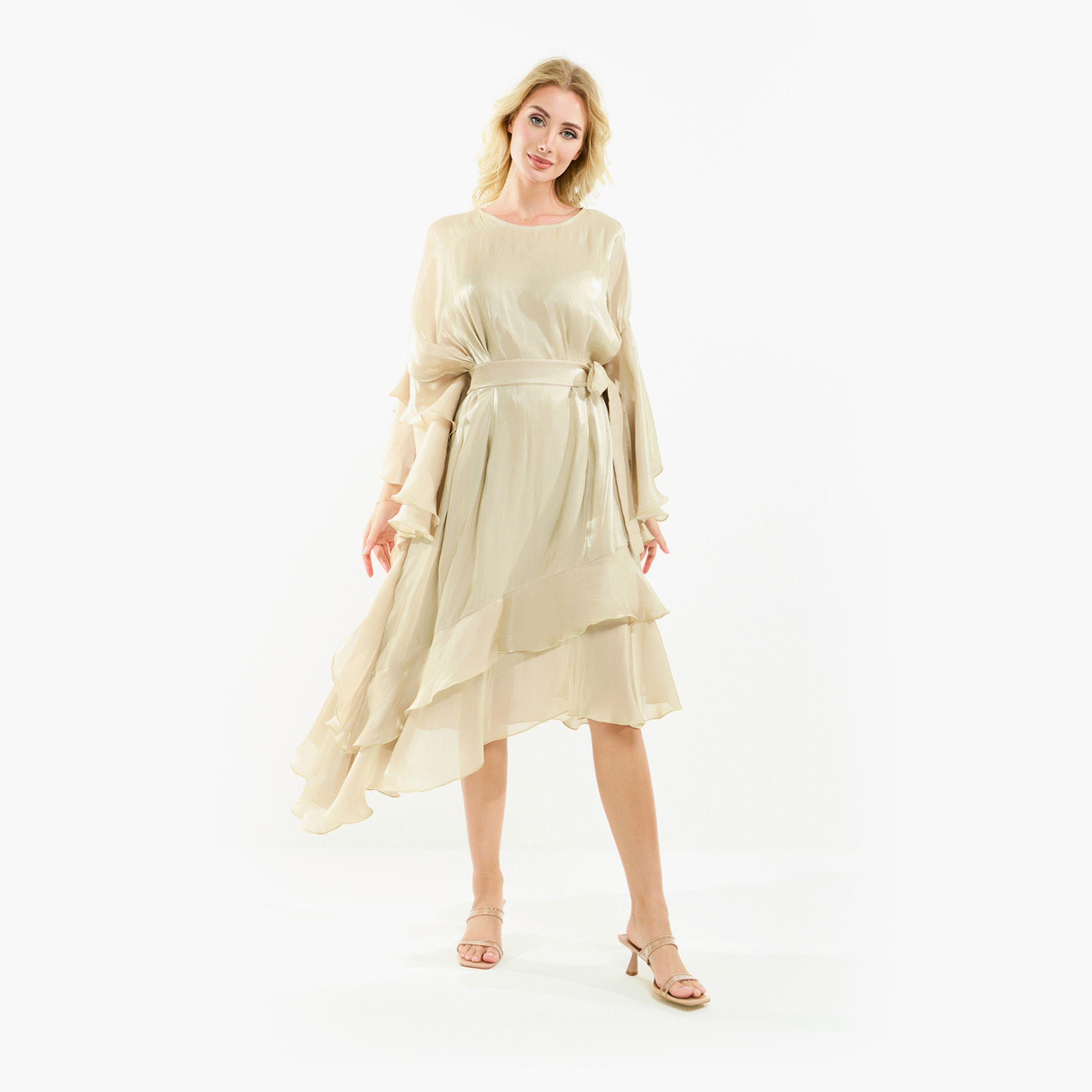 House of Moda X Styli  Asymmetrical Layered A-Line Midi Dress with Tie-Belt-women-clothing-dresses-image-10