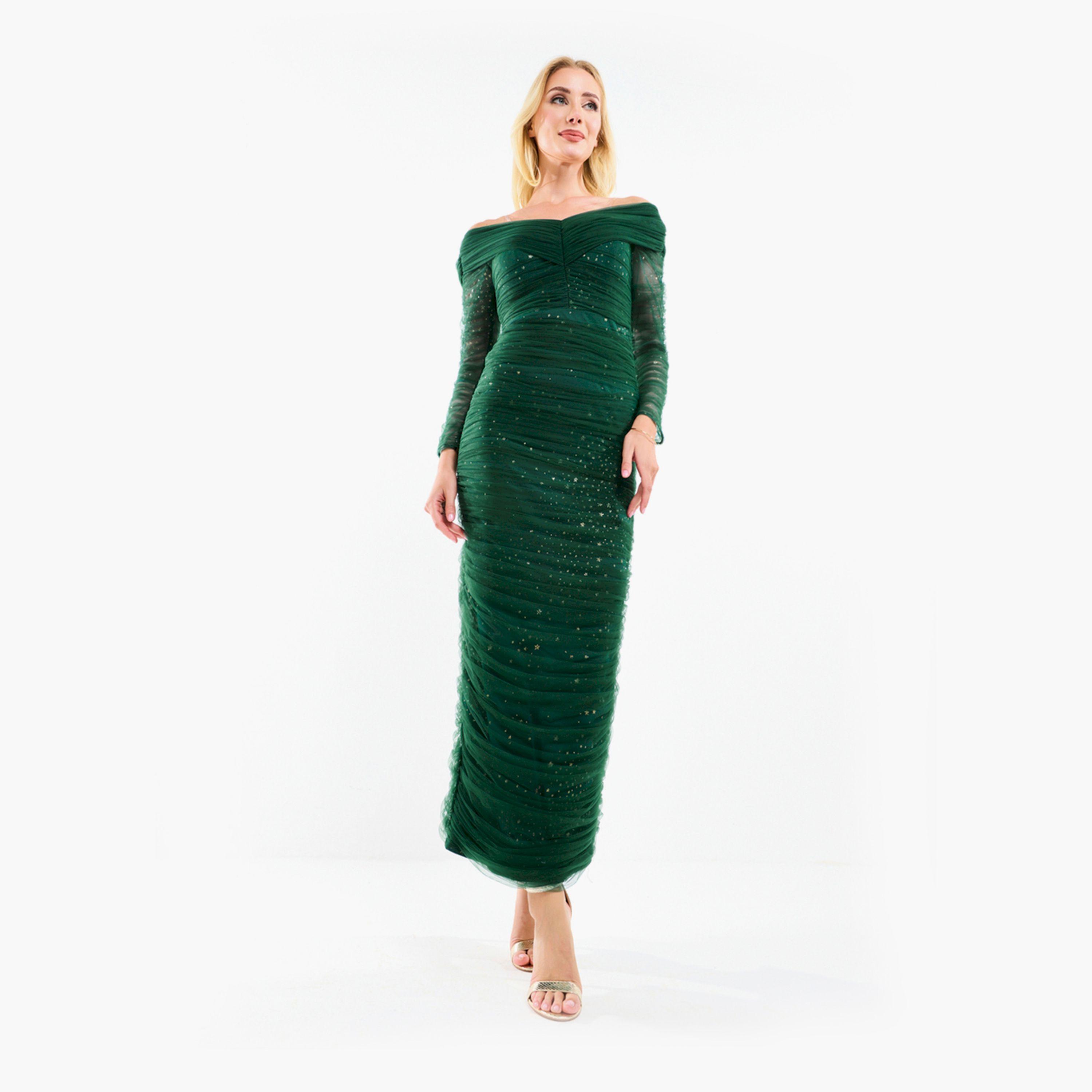 فستان طويل بوديكون مزموم بتفاصيل شبكية هاوس أوف مودا × ستايلي-women-clothing-dresses-image-11