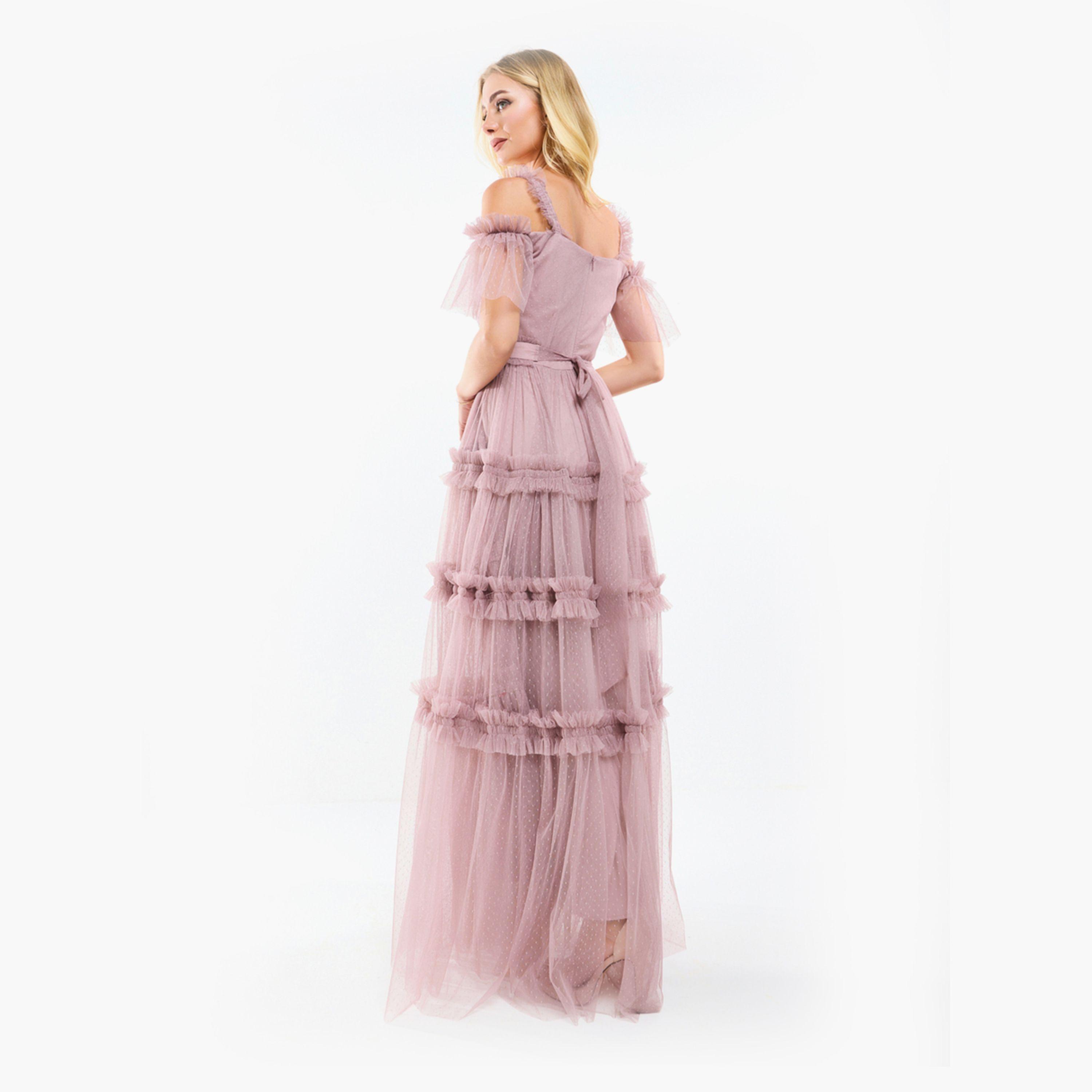 House of Moda X Styli  Ruffle Trim Cold Shoulder Maxi Dress with Flocked Mesh-women-clothing-dresses-image-1