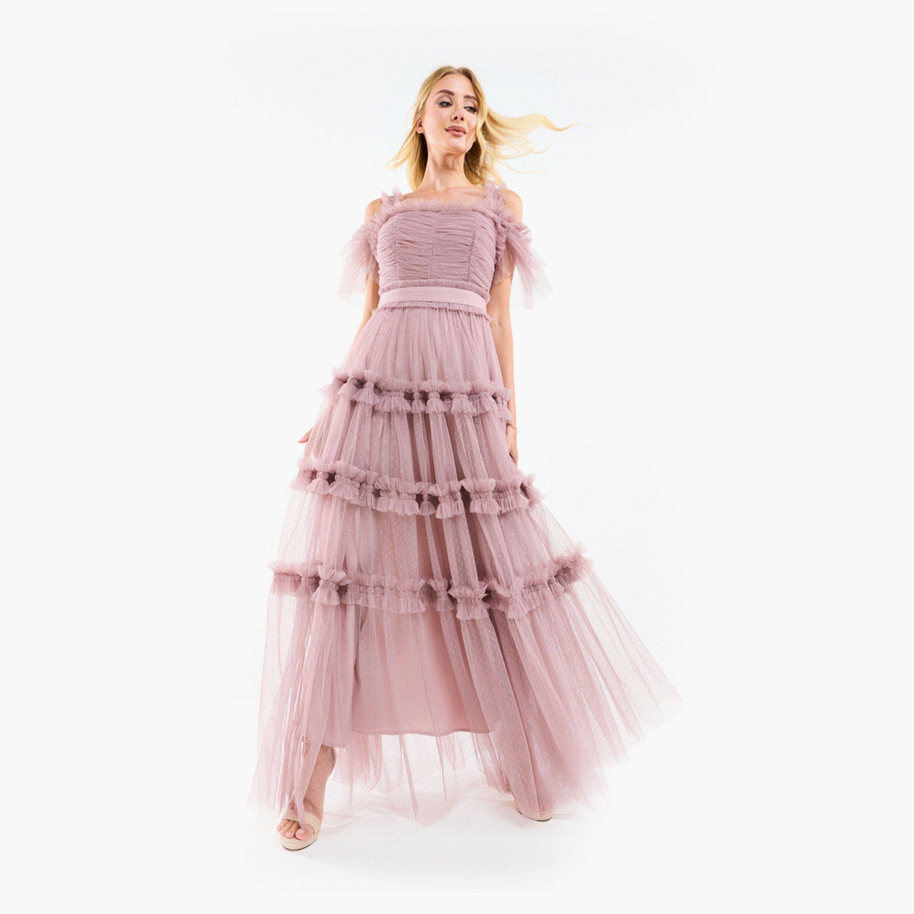 House of Moda X Styli  Ruffle Trim Cold Shoulder Maxi Dress with Flocked Mesh-women-clothing-dresses-image-10