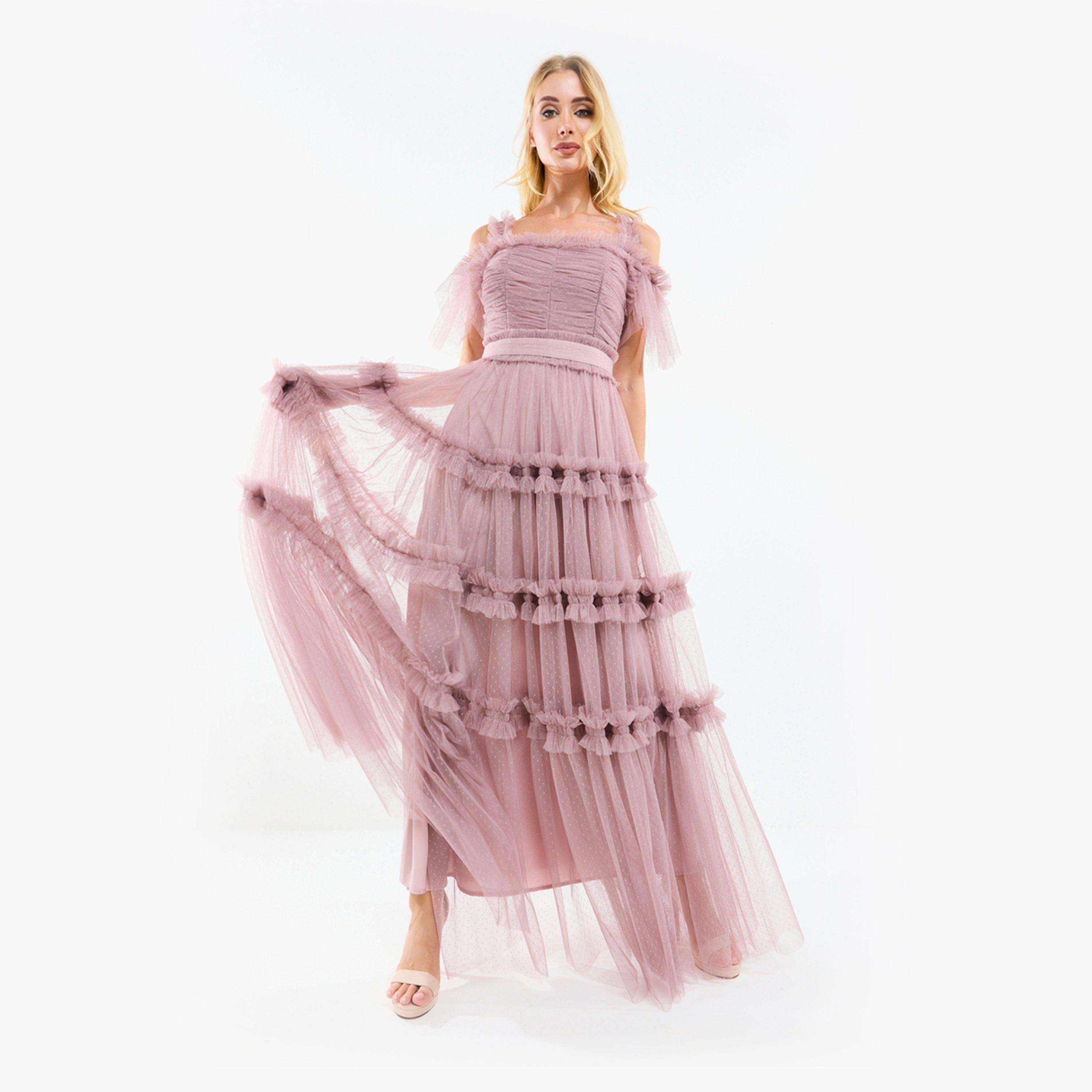 House of Moda X Styli  Ruffle Trim Cold Shoulder Maxi Dress with Flocked Mesh-women-clothing-dresses-image-11