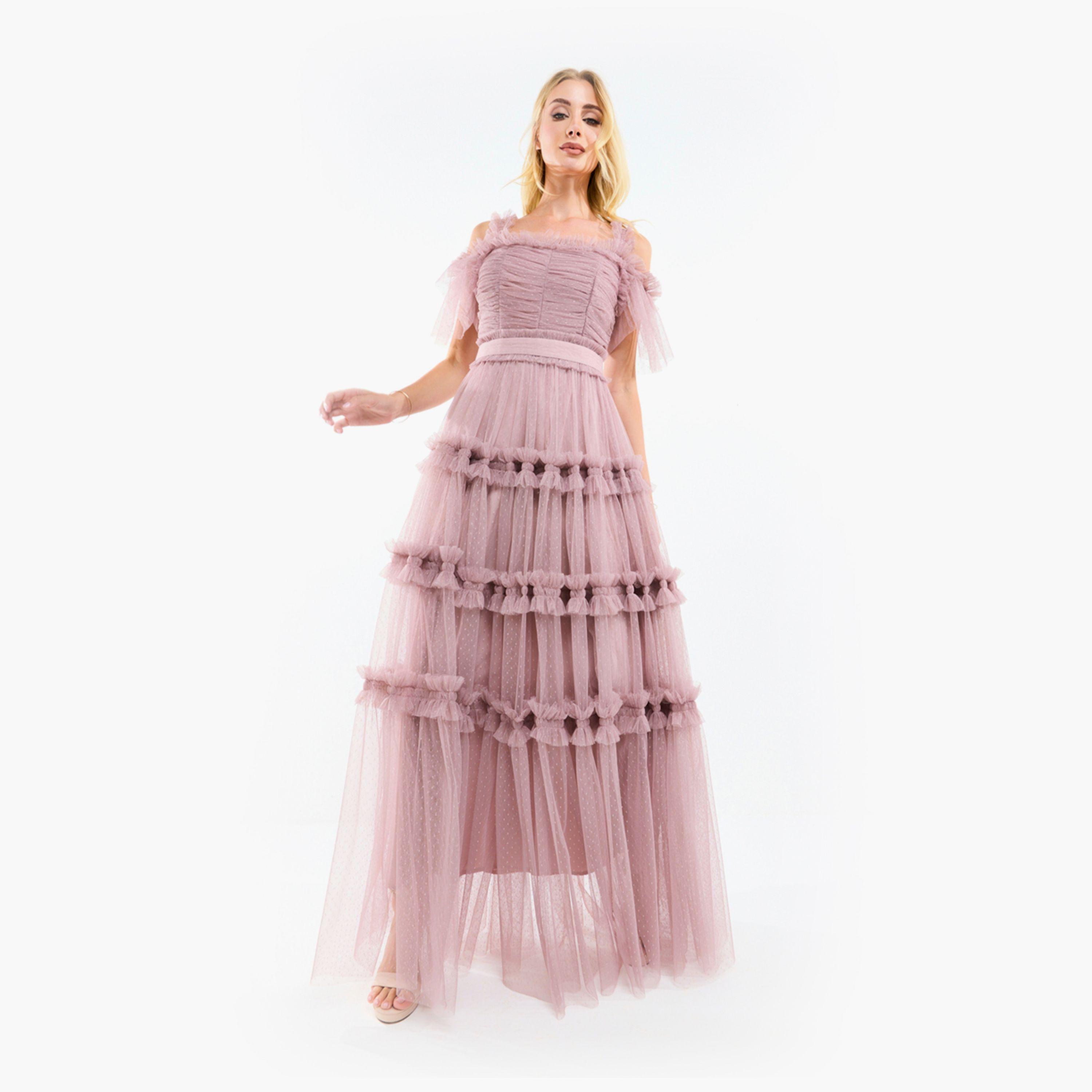 House of Moda X Styli  Ruffle Trim Cold Shoulder Maxi Dress with Flocked Mesh-women-clothing-dresses-image-12
