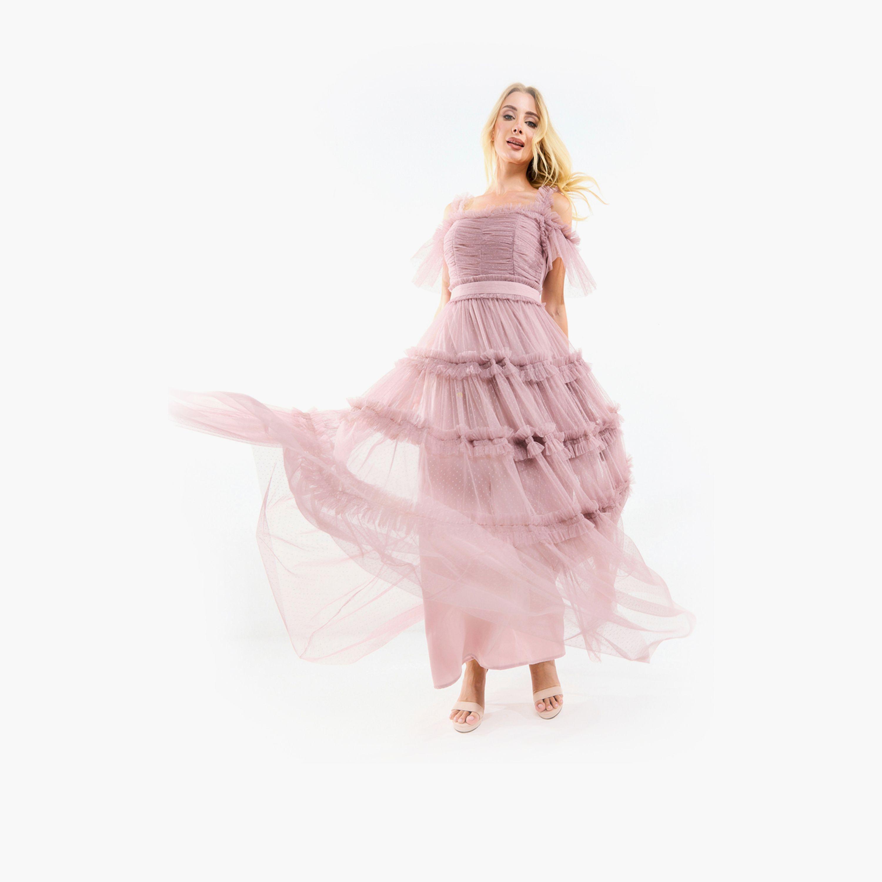 House of Moda X Styli  Ruffle Trim Cold Shoulder Maxi Dress with Flocked Mesh-women-clothing-dresses-image-13