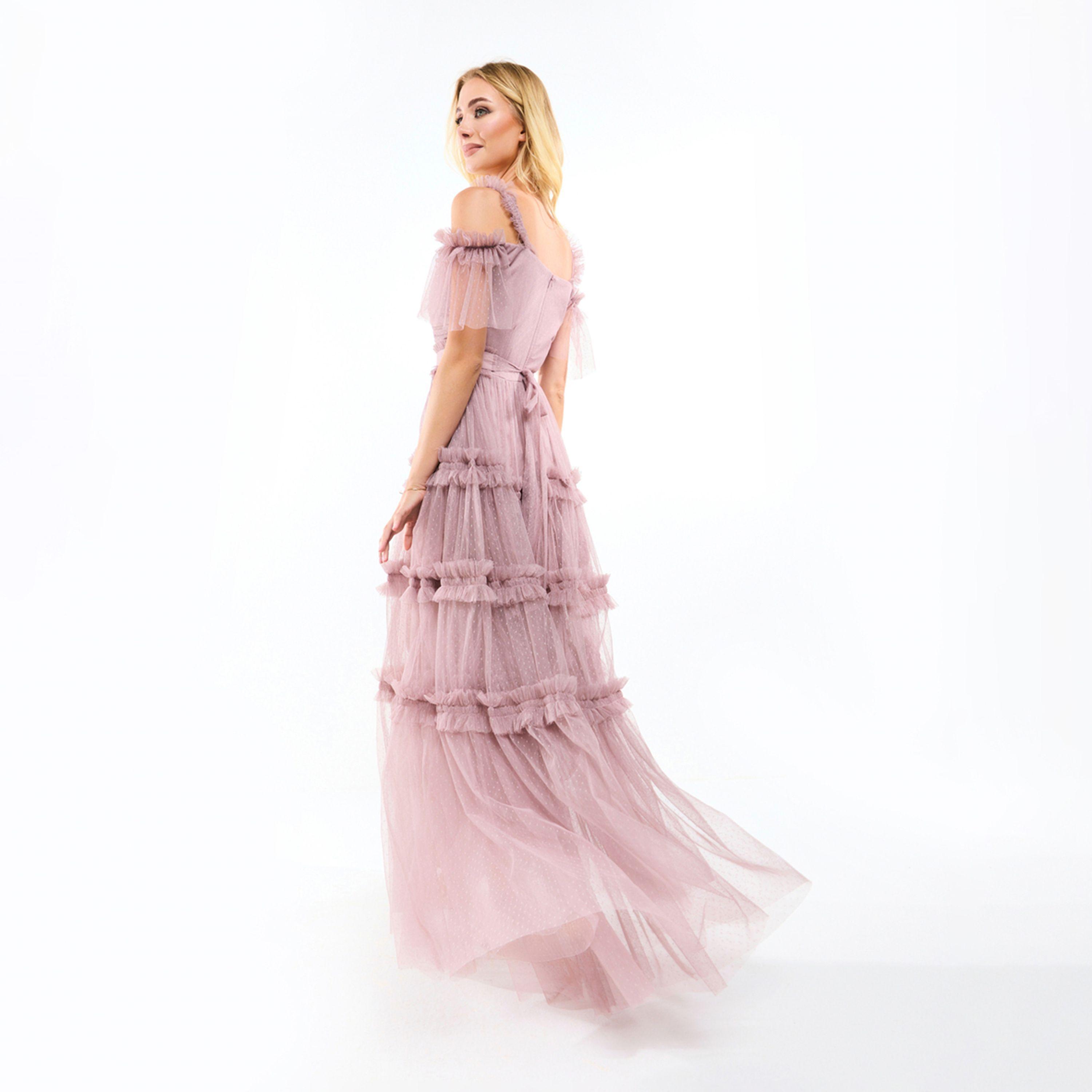 House of Moda X Styli  Ruffle Trim Cold Shoulder Maxi Dress with Flocked Mesh-women-clothing-dresses-image-2