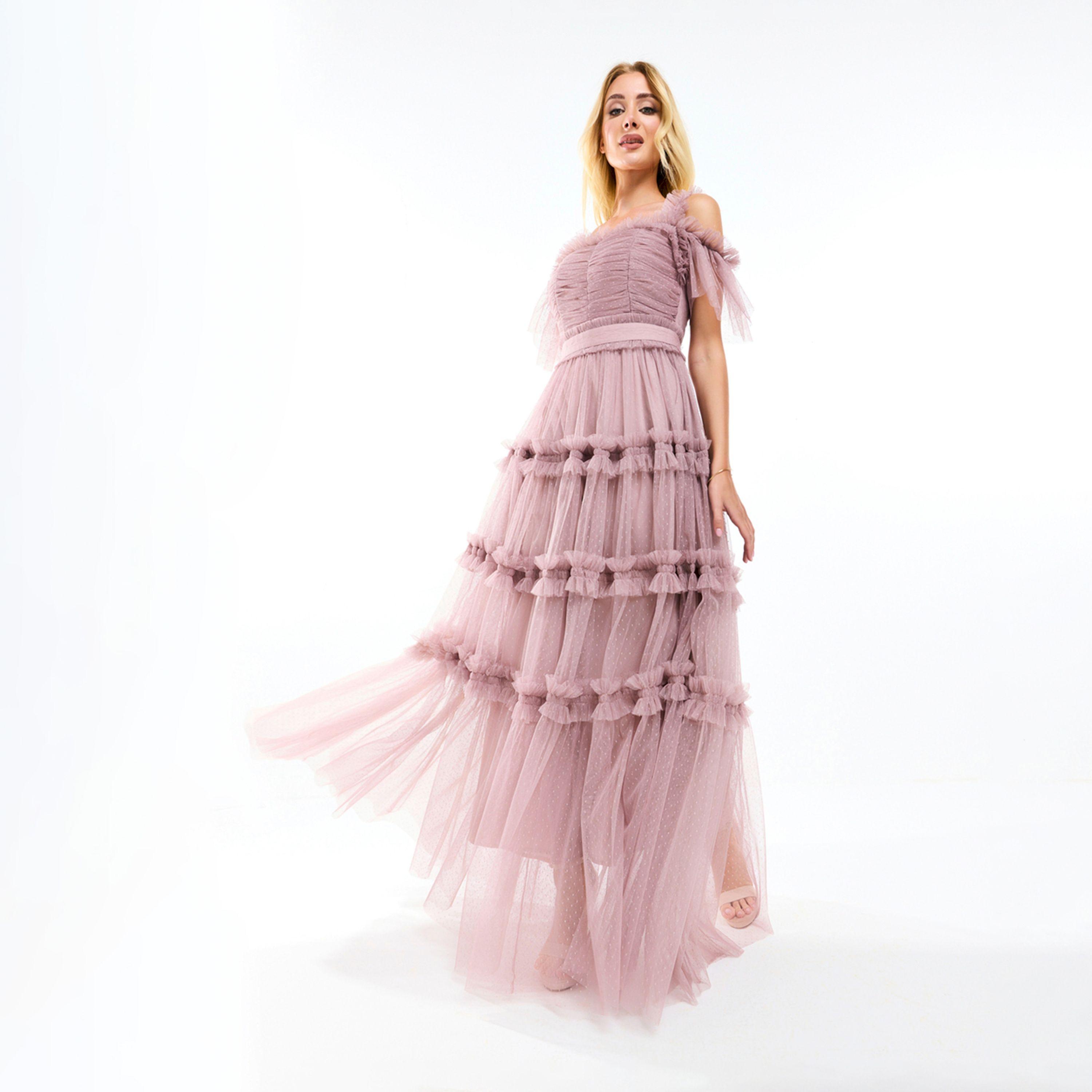 House of Moda X Styli  Ruffle Trim Cold Shoulder Maxi Dress with Flocked Mesh-women-clothing-dresses-image-7