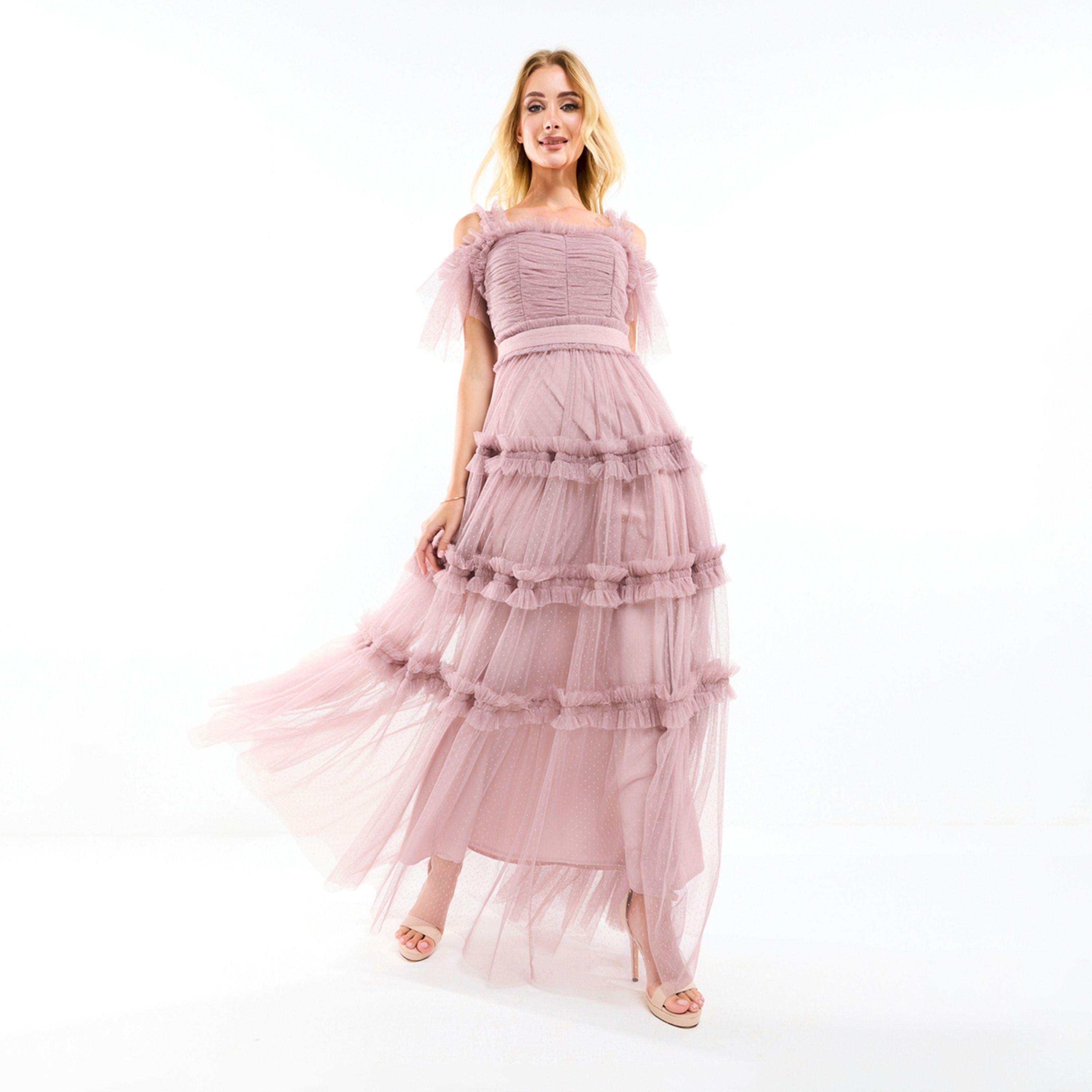 House of Moda X Styli  Ruffle Trim Cold Shoulder Maxi Dress with Flocked Mesh-women-clothing-dresses-image-8