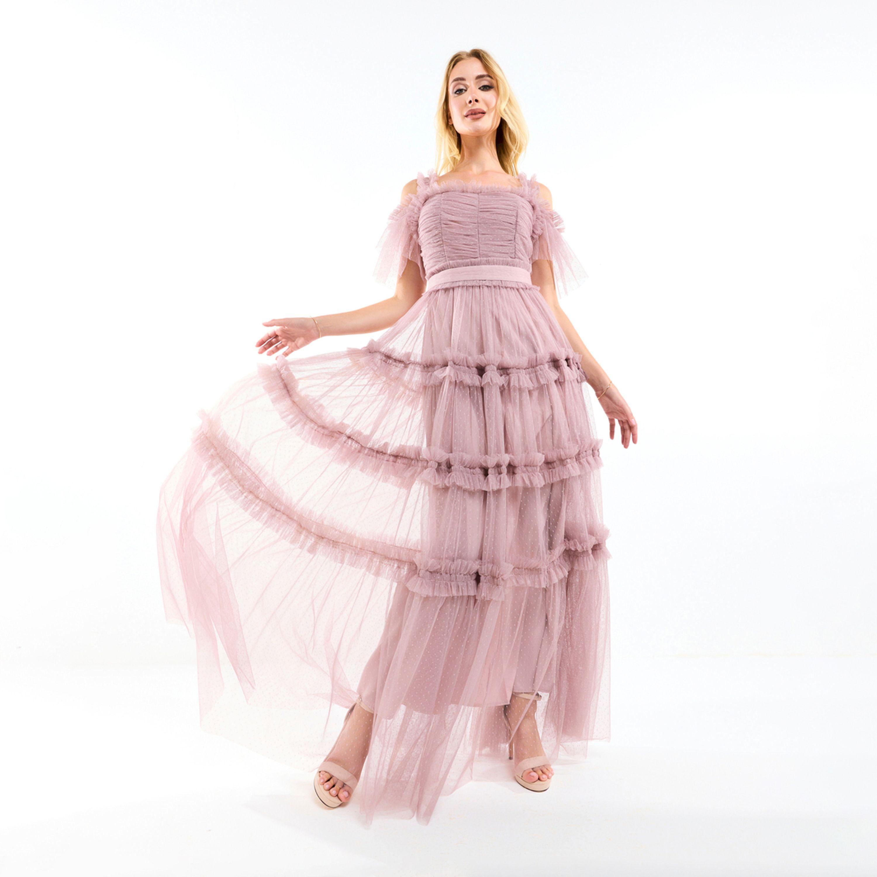 House of Moda X Styli  Ruffle Trim Cold Shoulder Maxi Dress with Flocked Mesh-women-clothing-dresses-image-9