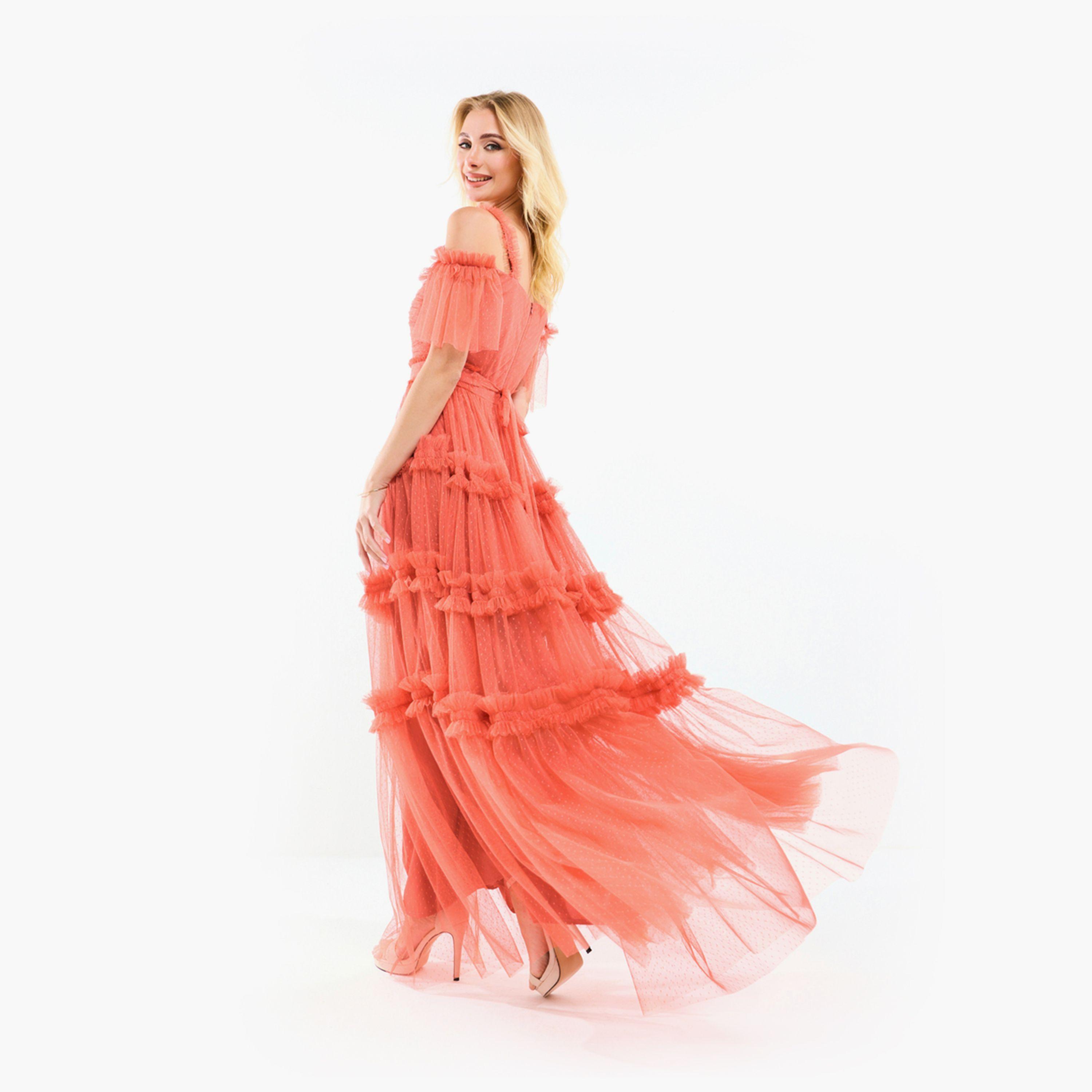 House of Moda X Styli  Ruffle Trim Cold Shoulder Maxi Dress with Flocked Mesh-women-clothing-dresses-image-1