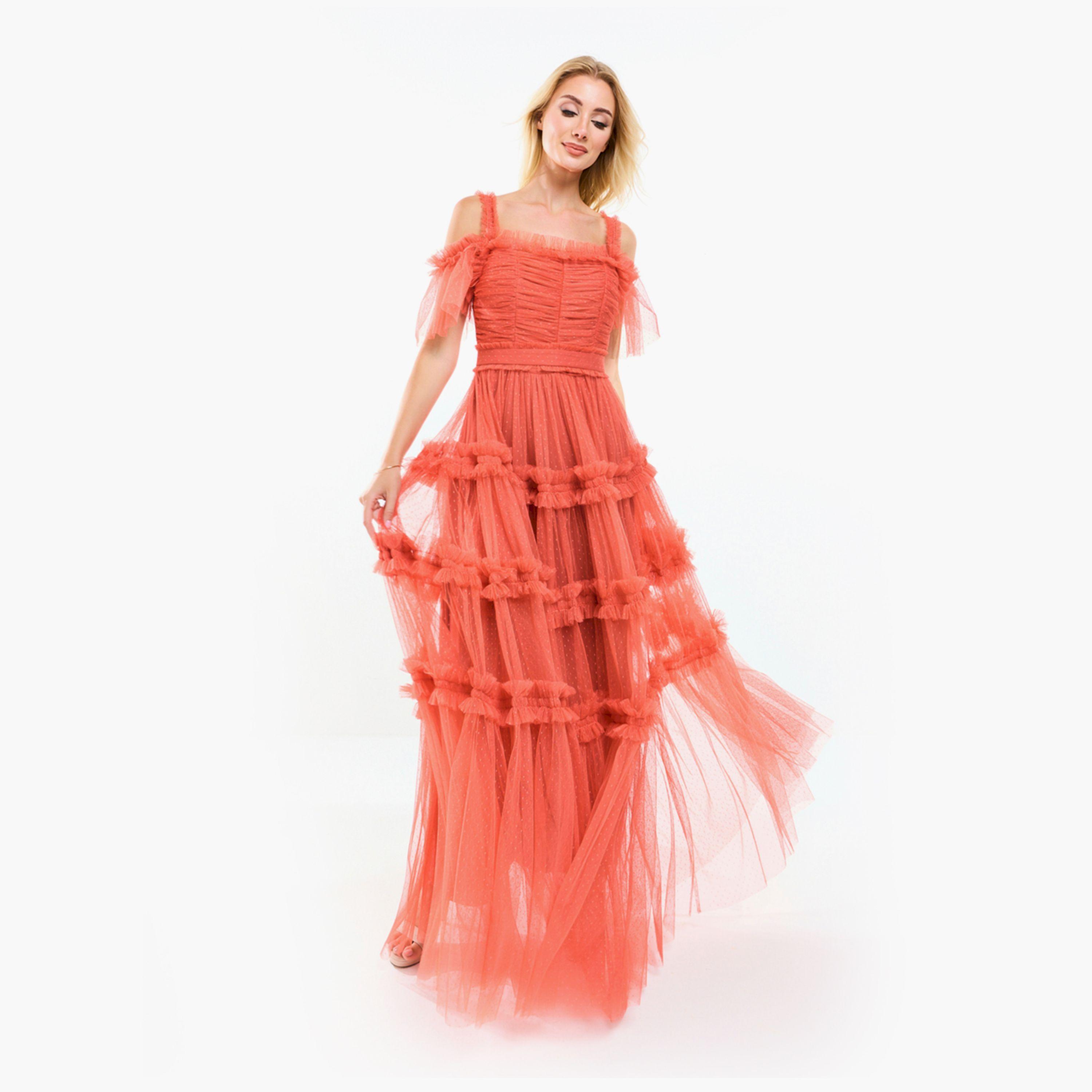فستان طويل بأكتاف مكشوفة وتفاصيل كشكش هاوس أوف مودا × ستايلي-women-clothing-dresses-image-10