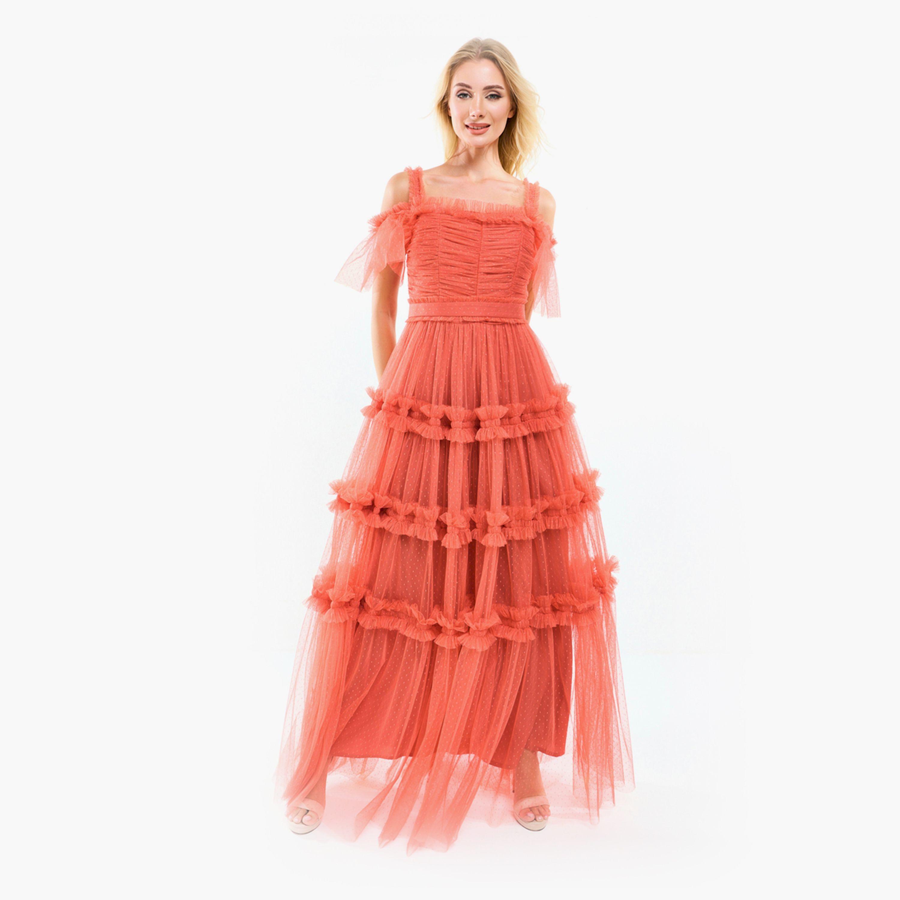 House of Moda X Styli  Ruffle Trim Cold Shoulder Maxi Dress with Flocked Mesh-women-clothing-dresses-image-11