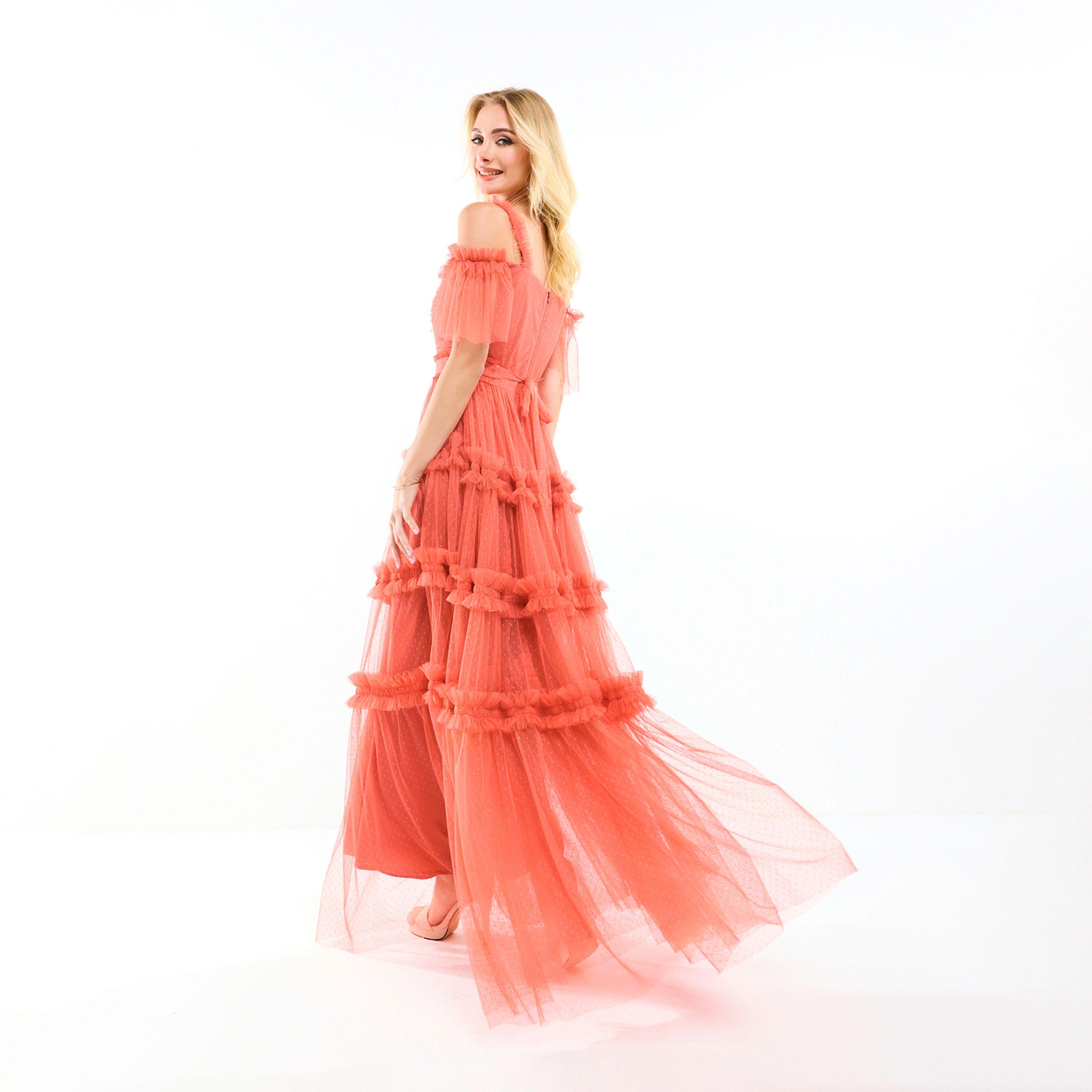 House of Moda X Styli  Ruffle Trim Cold Shoulder Maxi Dress with Flocked Mesh-women-clothing-dresses-image-2
