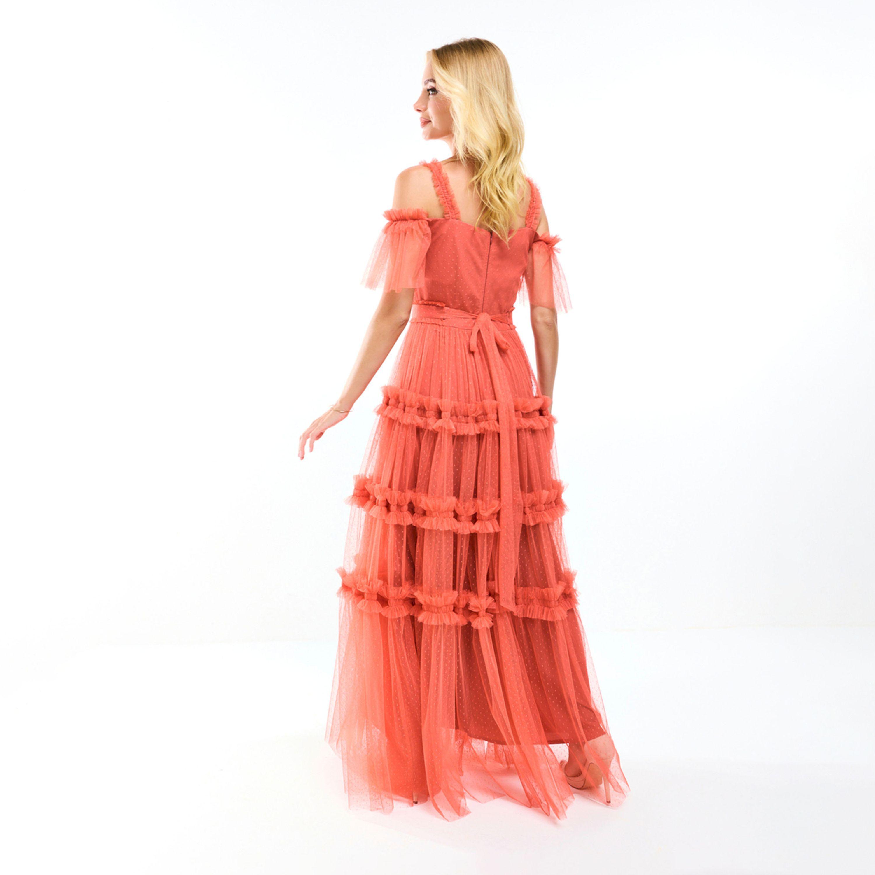 House of Moda X Styli  Ruffle Trim Cold Shoulder Maxi Dress with Flocked Mesh-women-clothing-dresses-image-4