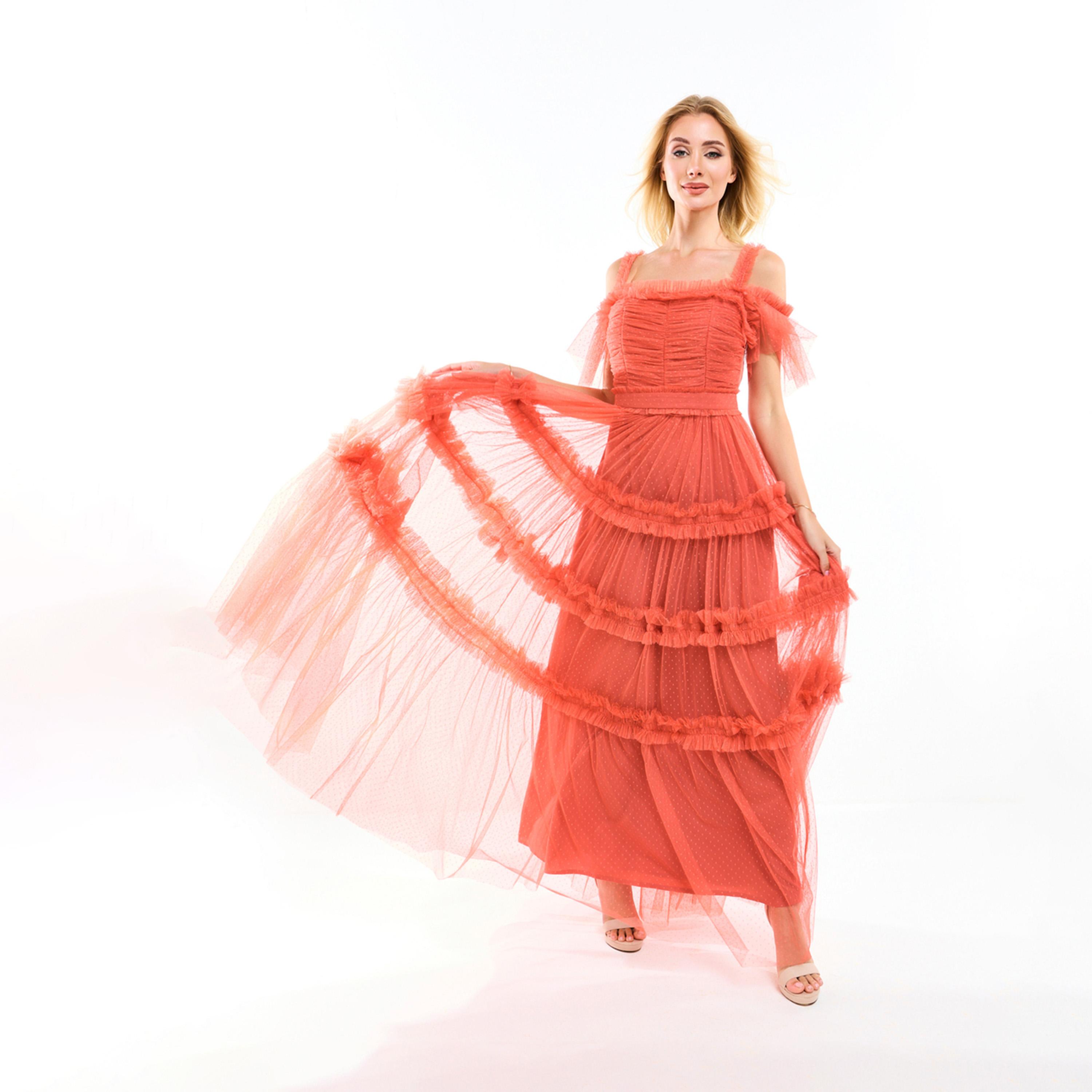 House of Moda X Styli  Ruffle Trim Cold Shoulder Maxi Dress with Flocked Mesh-women-clothing-dresses-image-7