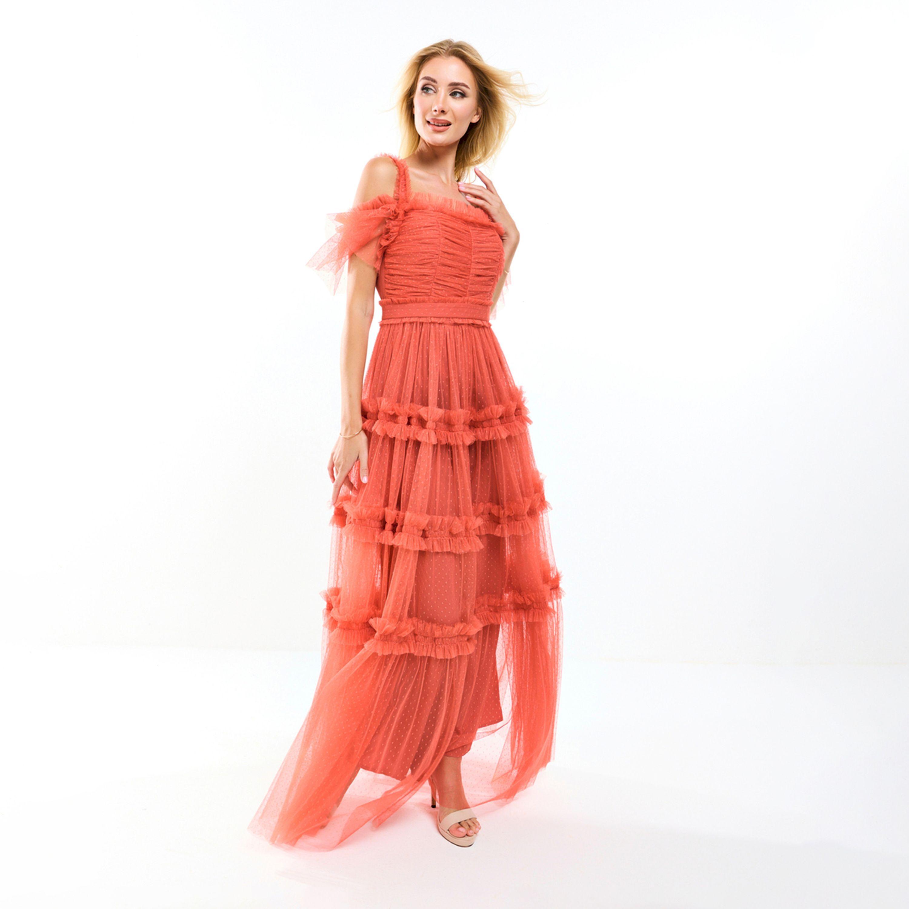 House of Moda X Styli  Ruffle Trim Cold Shoulder Maxi Dress with Flocked Mesh-women-clothing-dresses-image-8