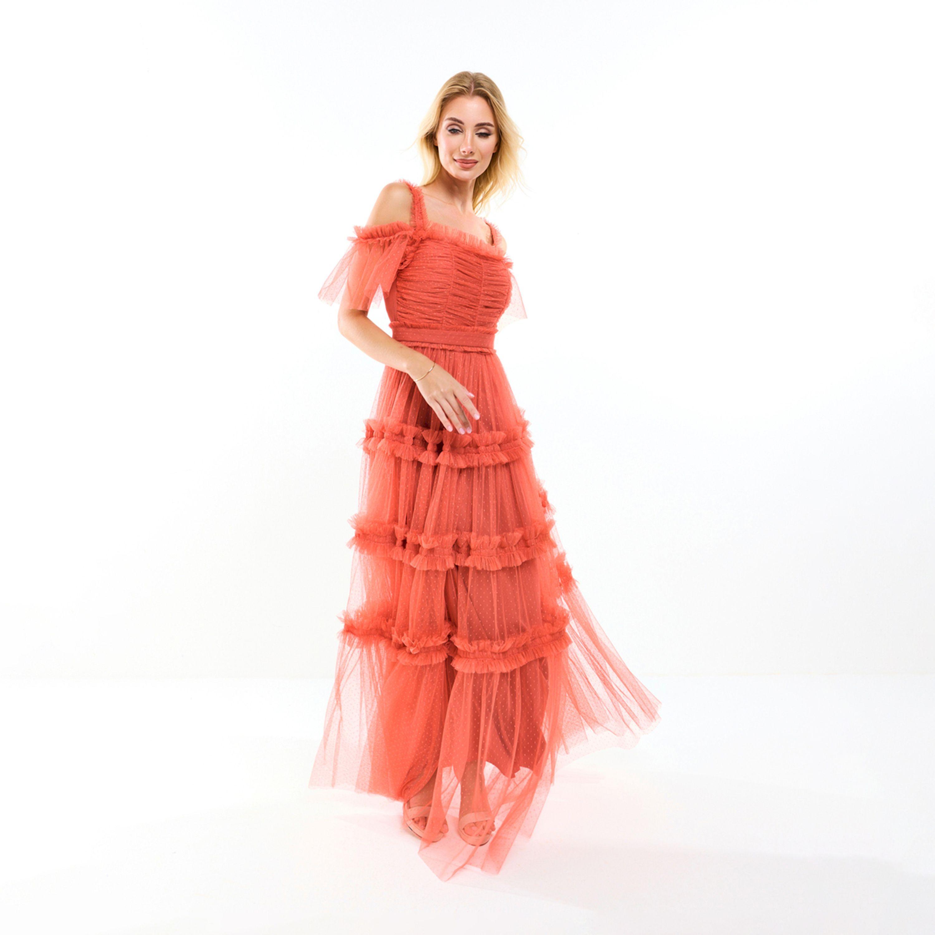 فستان طويل بأكتاف مكشوفة وتفاصيل كشكش هاوس أوف مودا × ستايلي-women-clothing-dresses-image-9