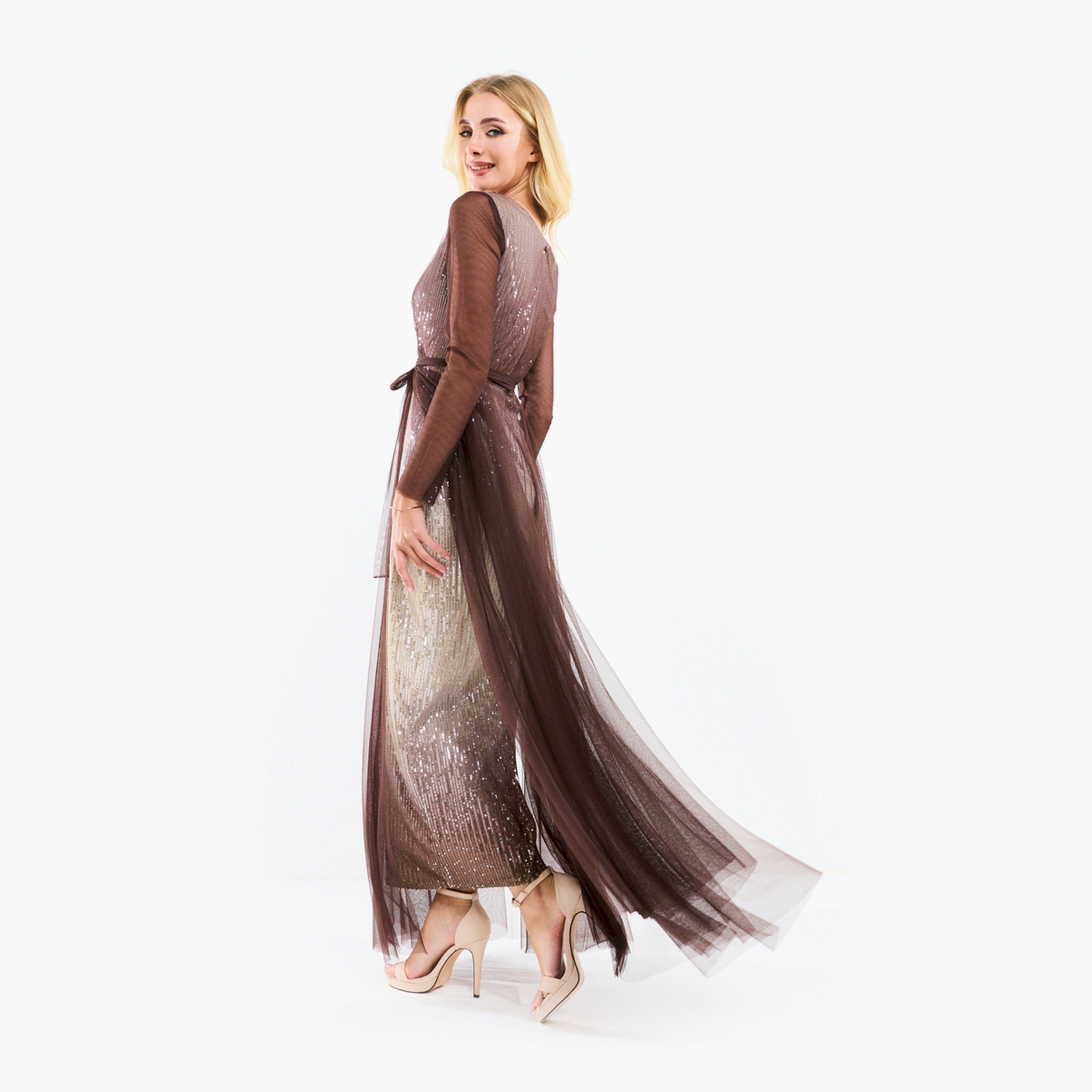 فستان طويل منمق بالترتر وطبقات تول هاوس أوف مودا × ستايلي-women-clothing-dresses-image-1
