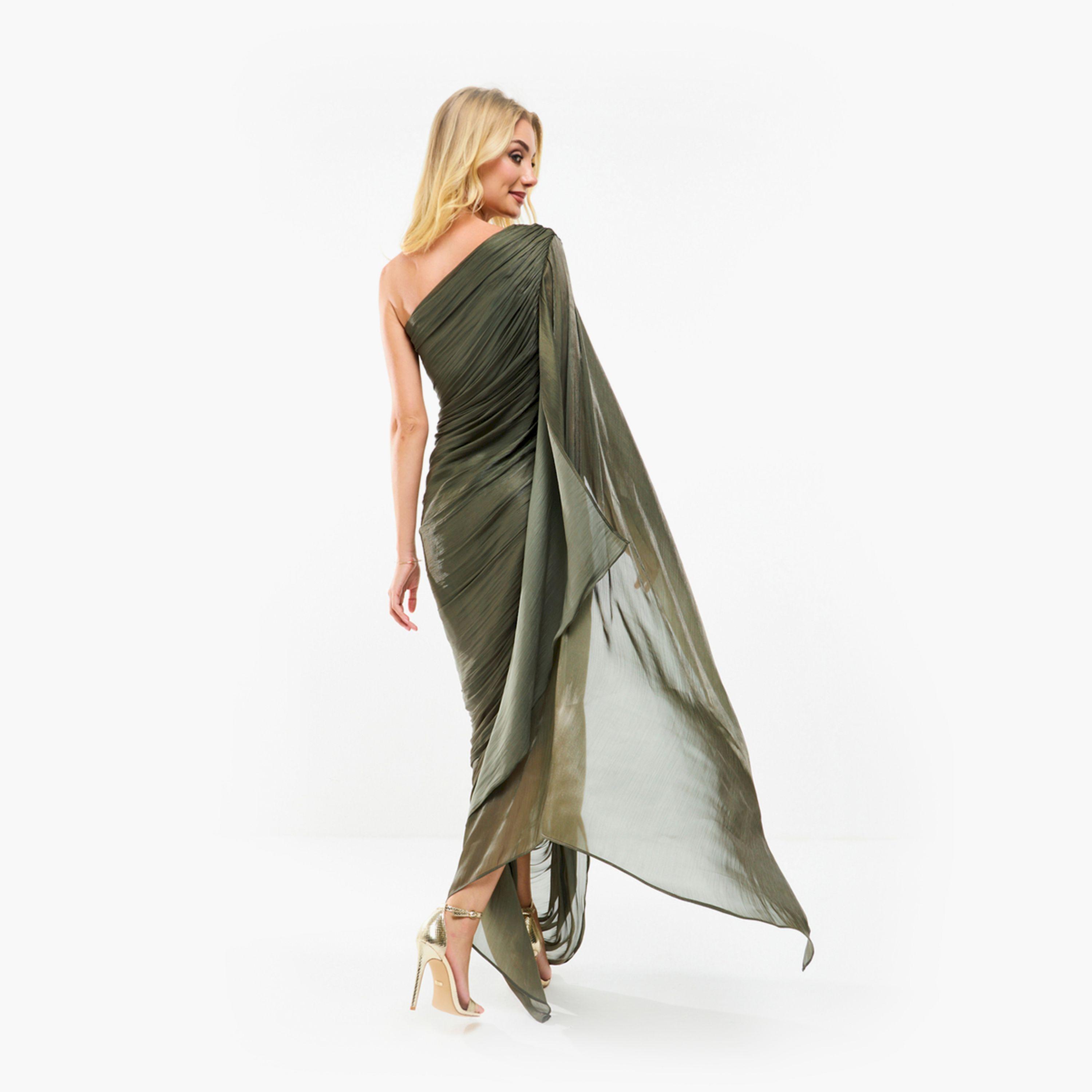 House of Moda X Styli  One Shoulder Drape Sleeve Gathered Bodycon Maxi Dress-women-clothing-dresses-image-1