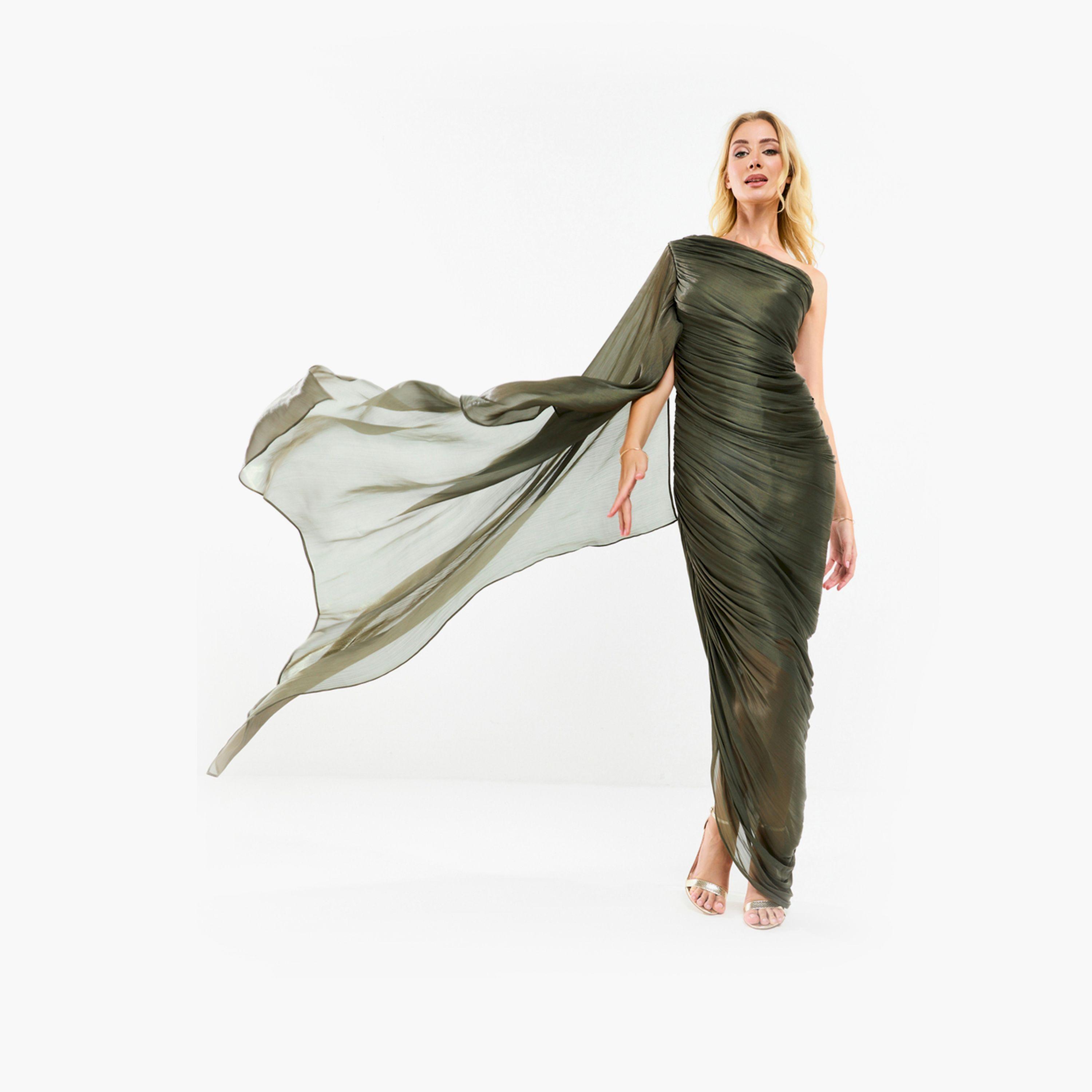 House of Moda X Styli  One Shoulder Drape Sleeve Gathered Bodycon Maxi Dress-women-clothing-dresses-image-14