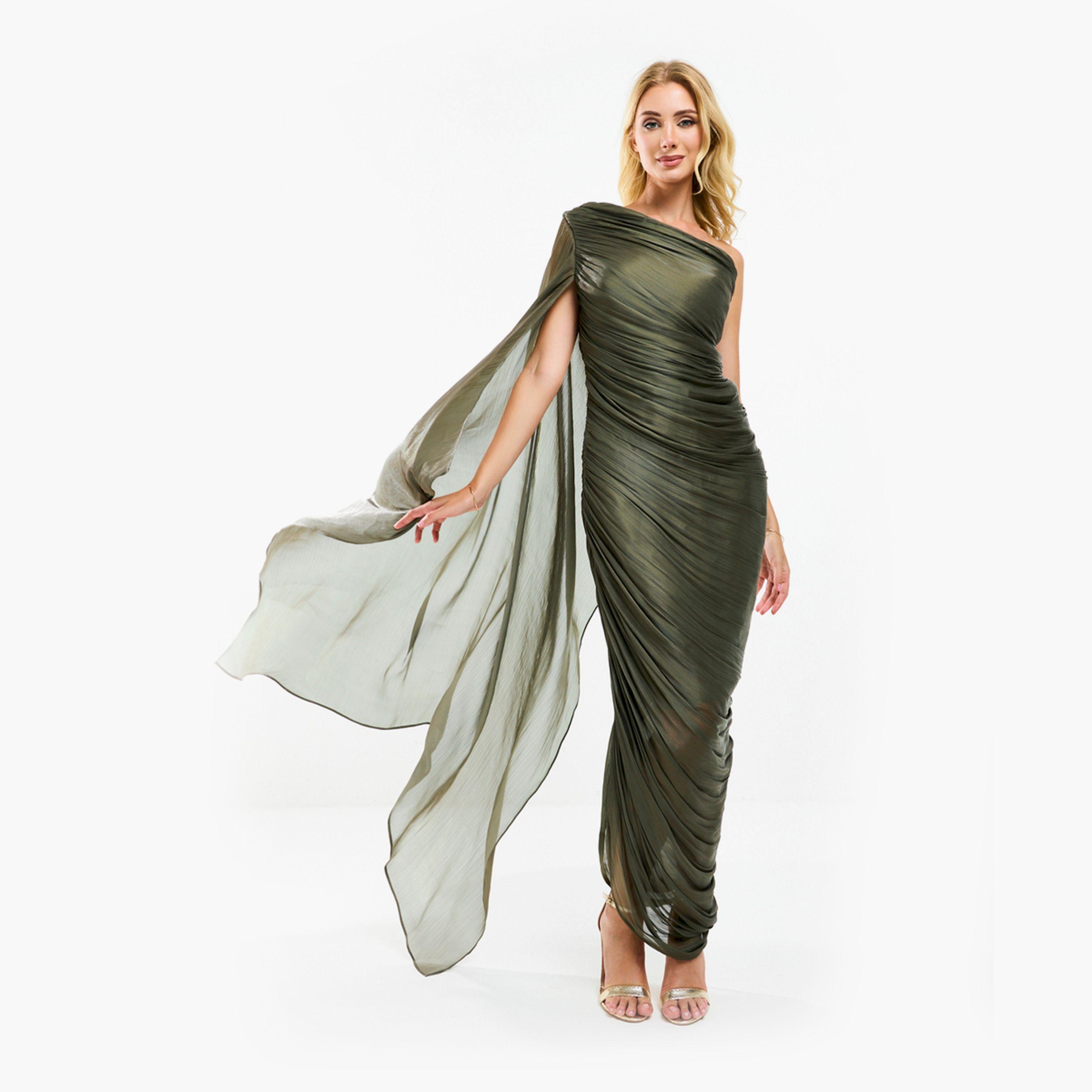 فستان طويل بوديكون بكتف واحد وتفاصيل مُجمعة هاوس أوف مودا × ستايلي-women-clothing-dresses-image-16