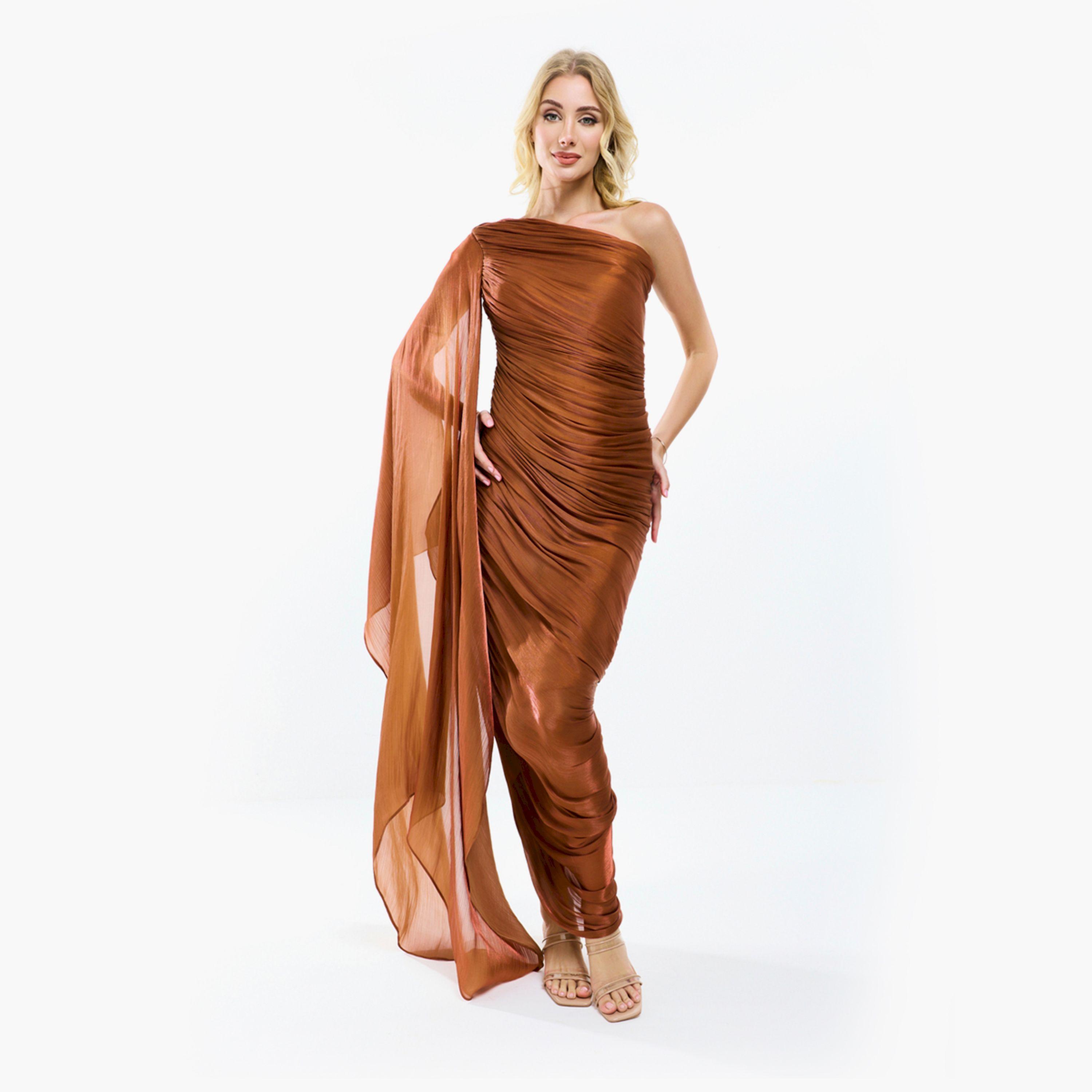 House of Moda X Styli  One Shoulder Drape Sleeve Gathered Bodycon Maxi Dress-women-clothing-dresses-image-10