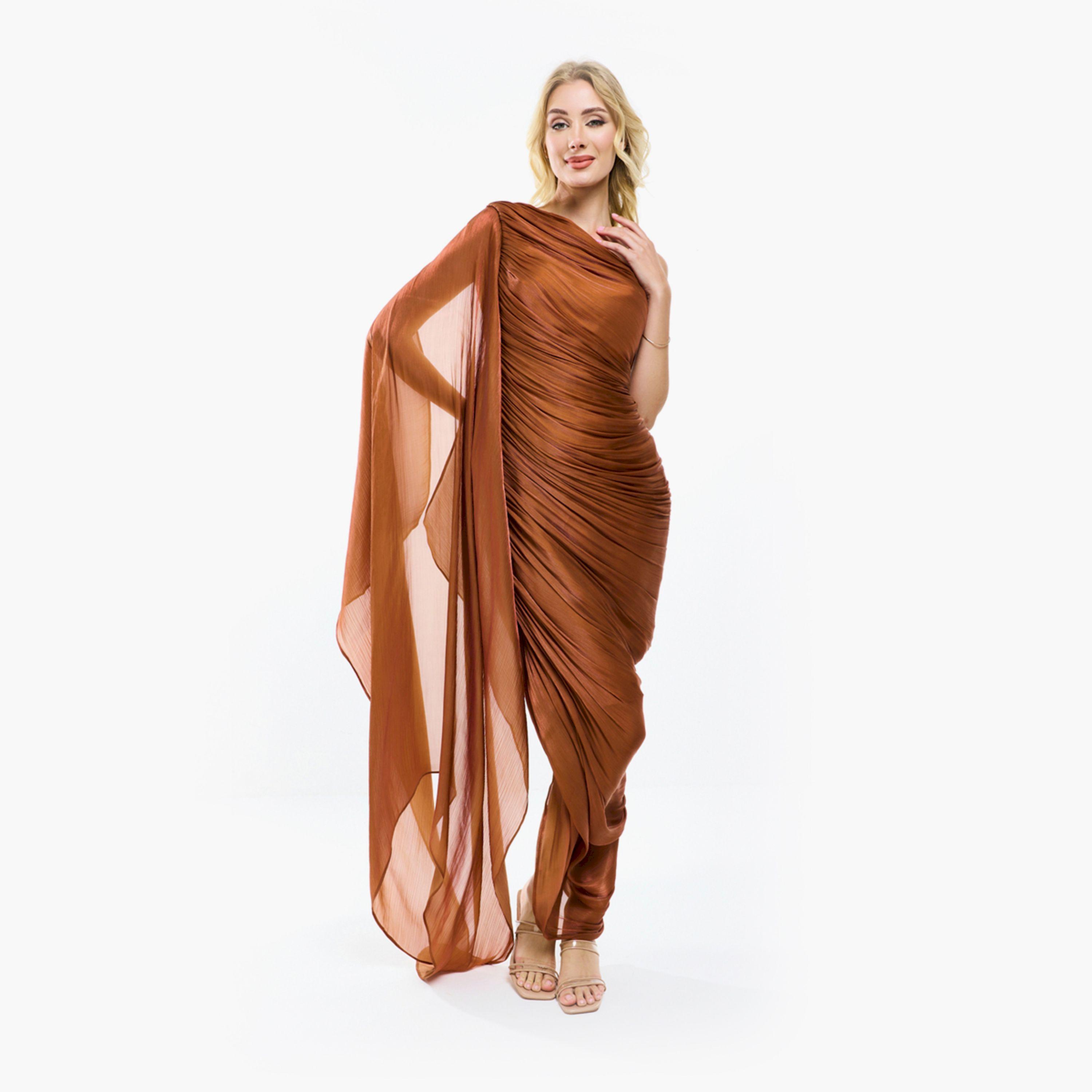 House of Moda X Styli  One Shoulder Drape Sleeve Gathered Bodycon Maxi Dress-women-clothing-dresses-image-11