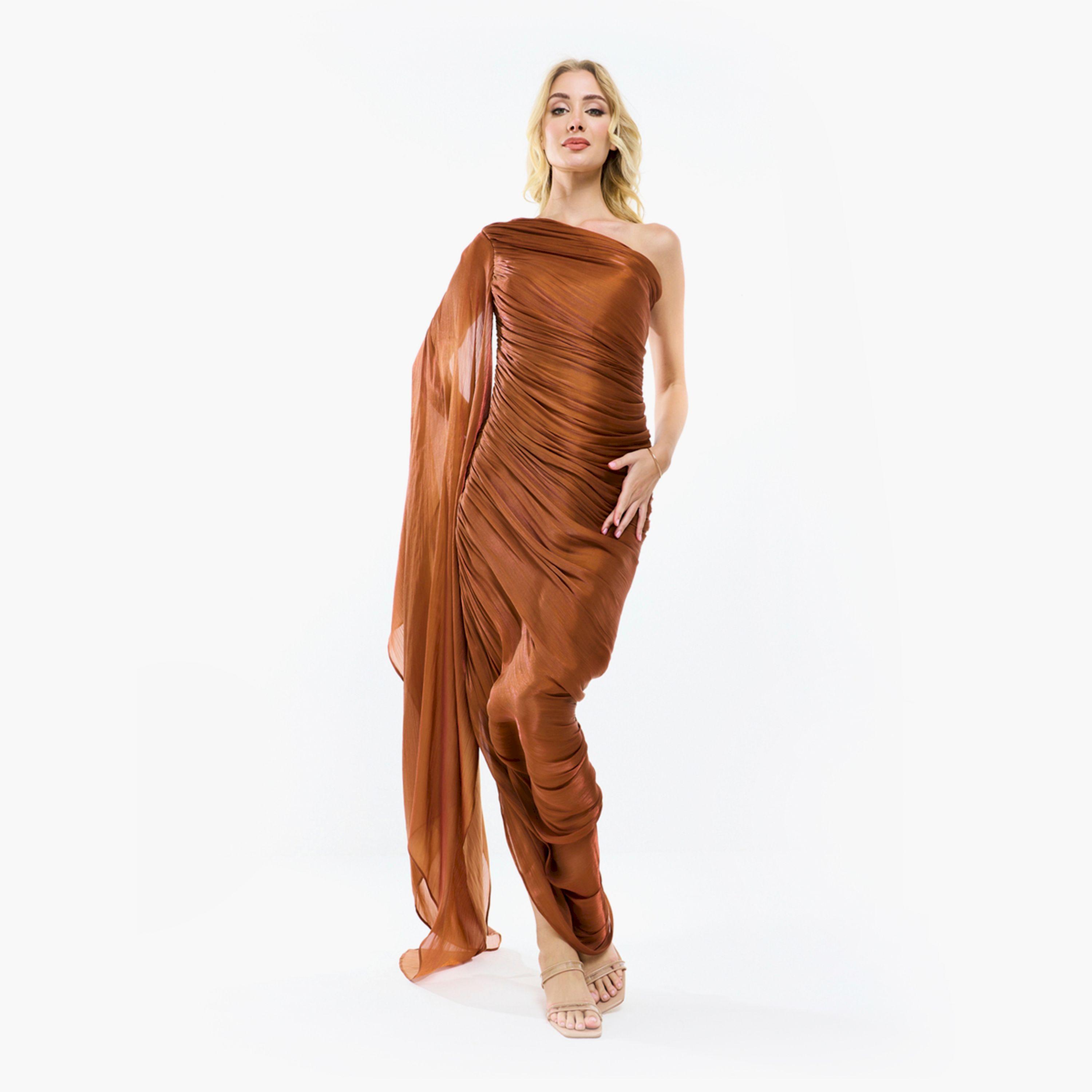 House of Moda X Styli  One Shoulder Drape Sleeve Gathered Bodycon Maxi Dress-women-clothing-dresses-image-12