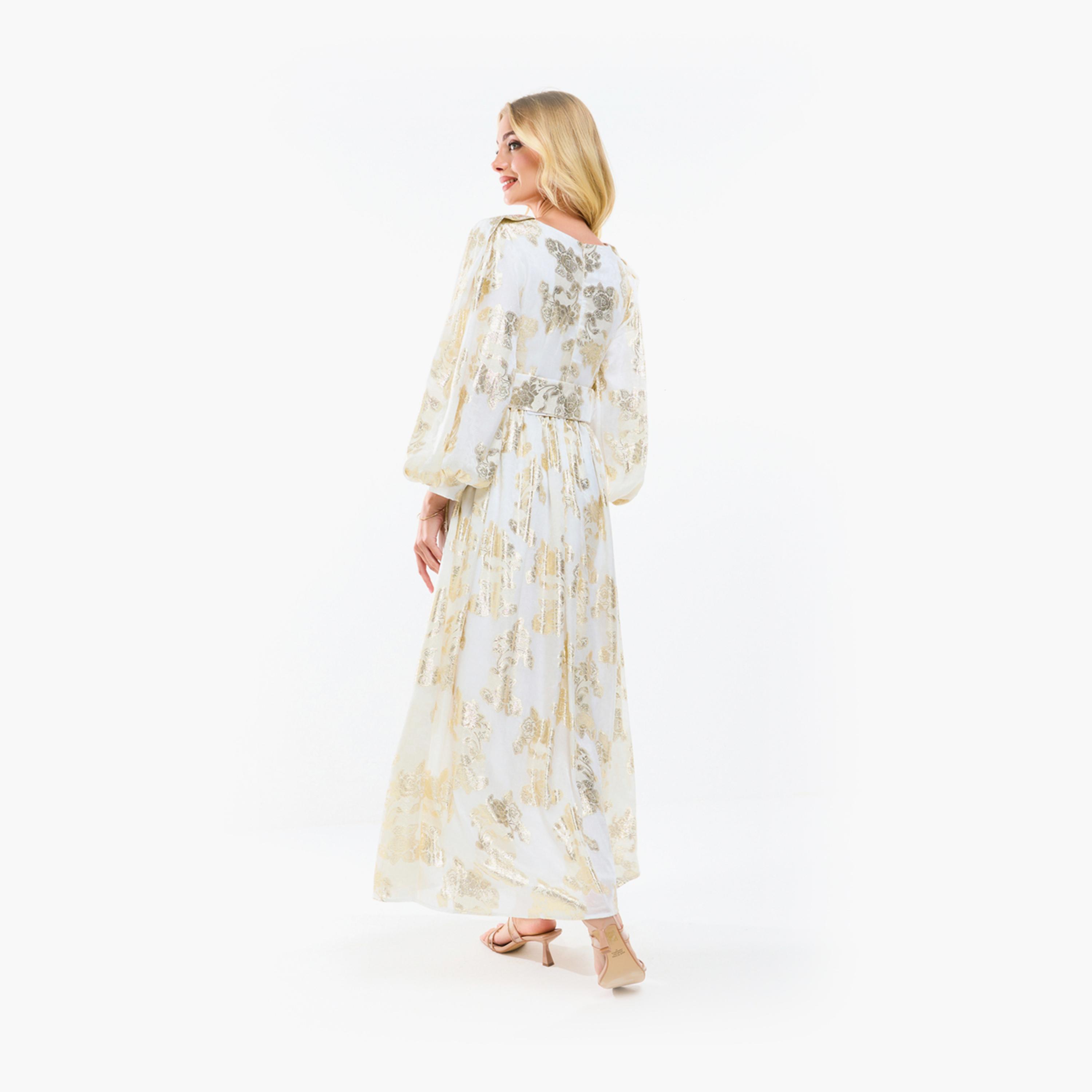 فستان طويل بتفاصيل براقة وأكمام بالون هاوس أوف مودا × ستايلي-women-clothing-dresses-image-1
