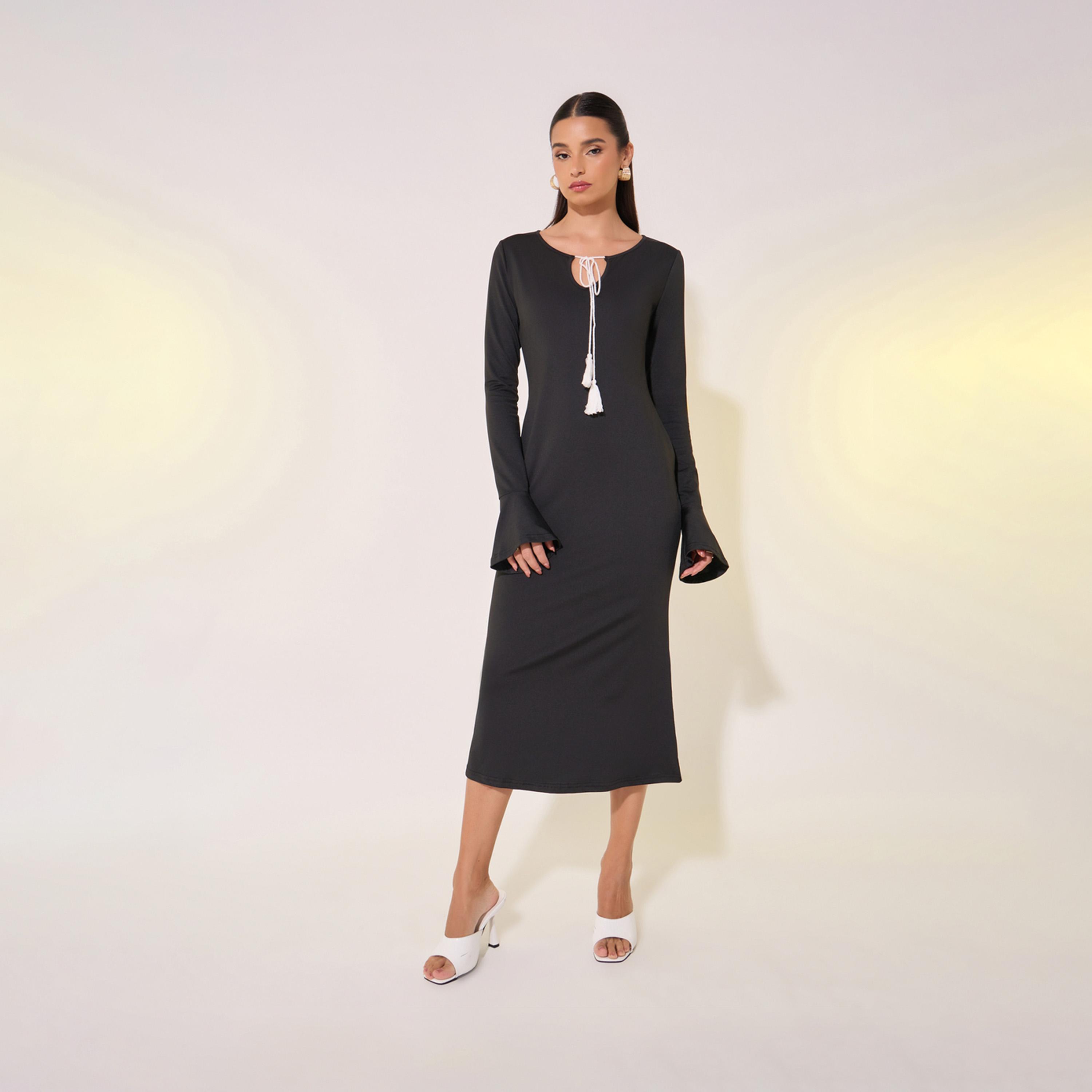 Take Two Knitted Tie-Up Neck Bodycon Midi Dress-women-clothing-dresses-image-2