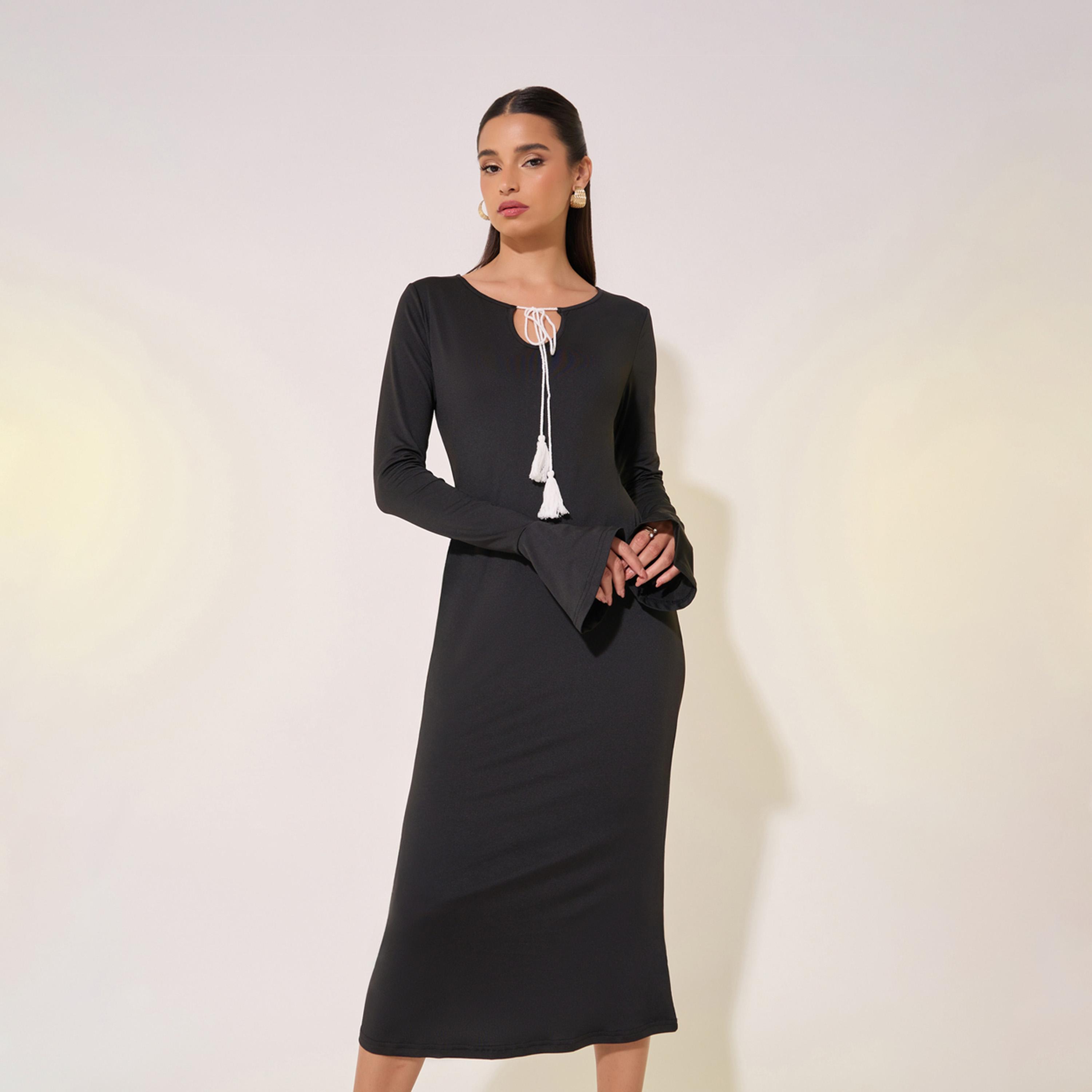 Take Two Knitted Tie-Up Neck Bodycon Midi Dress-women-clothing-dresses-image-3