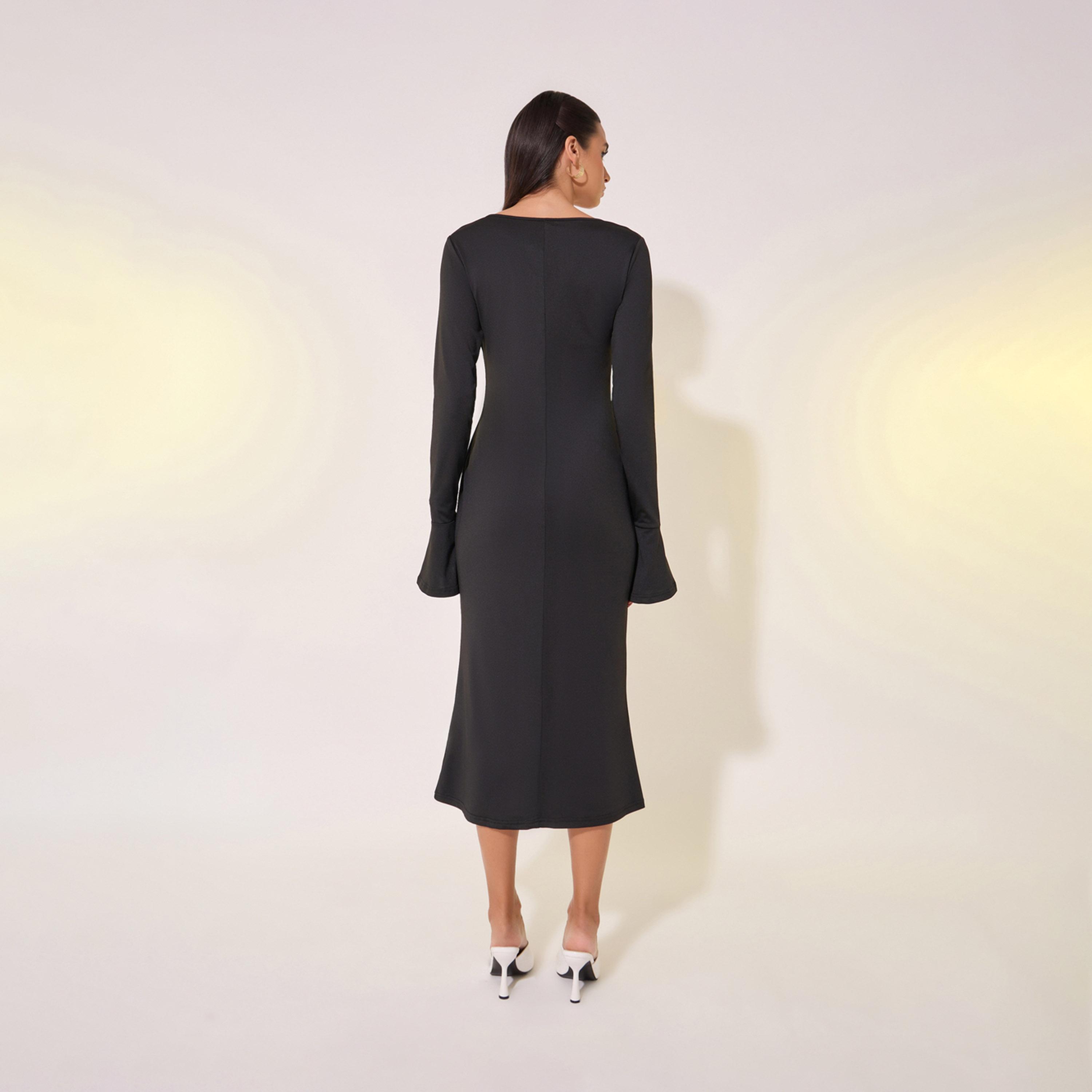 فستان ميدي ضيق وسادة بتفاصيل ياقة بأربطة-women-clothing-dresses-image-6
