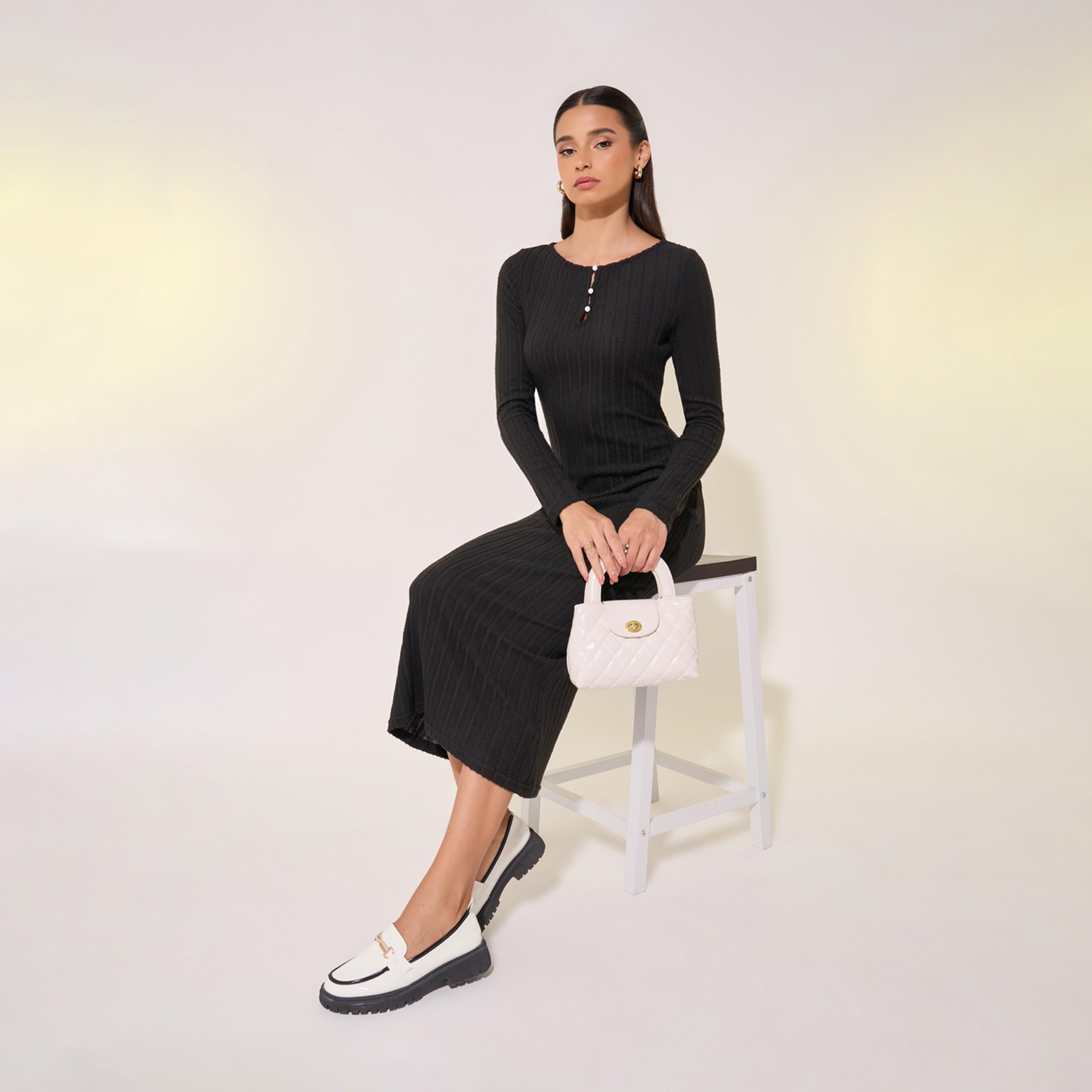 Take Two Rib Knit Button Detail Round Neck Midi Dress-women-clothing-dresses-image-1